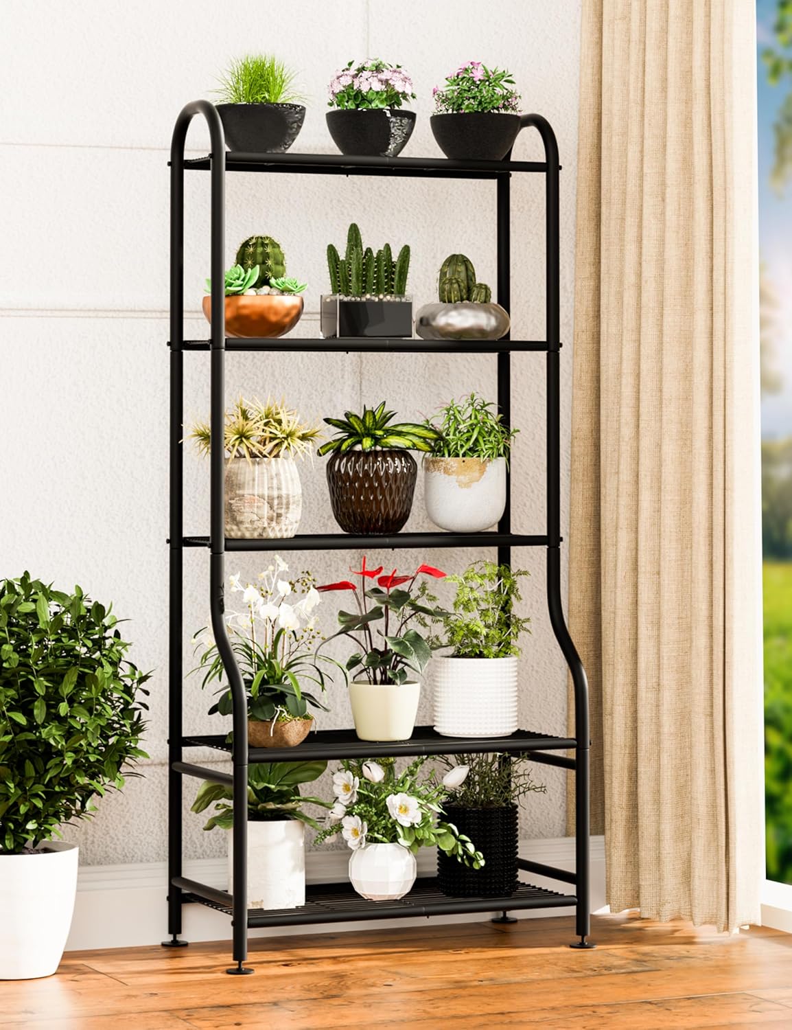 5-Tier Metal Plant Stand - Heavy Duty Indoor Outdoor Flower Shelf for Multiple Pots, 65" Tall Vertical Holder with Adjustable Leveling Feet & Wall-Fixing Kits, Black