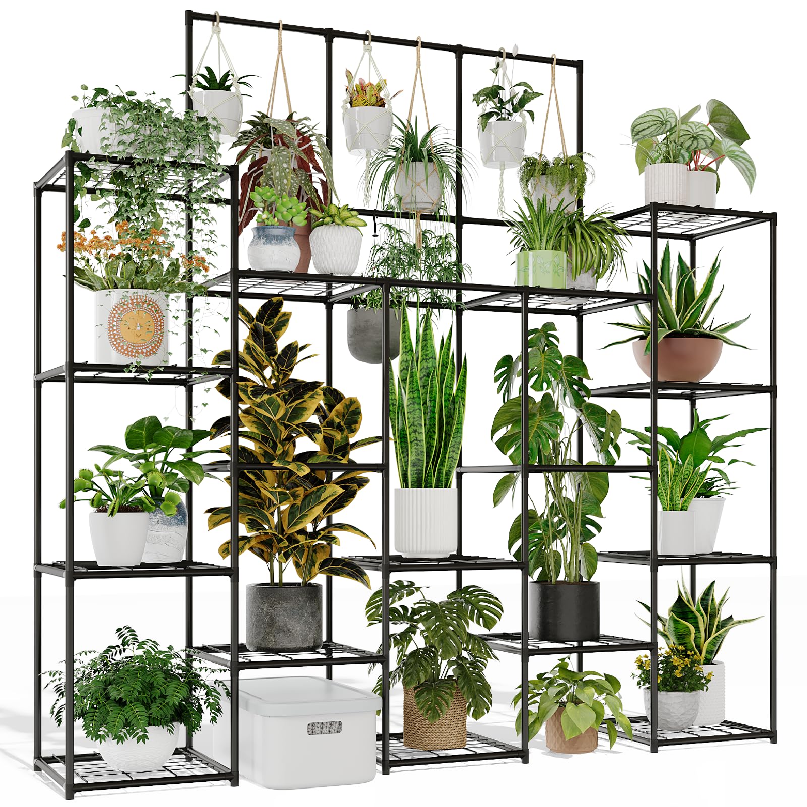 Metal Plant Stand Outdoor 63" Tall Plant Shelf for Plants 14-Tier Large Plant Sheves for Indoor Plants Living Room Heavy Duty Rack Garden Balcony Patio Hanging Planter