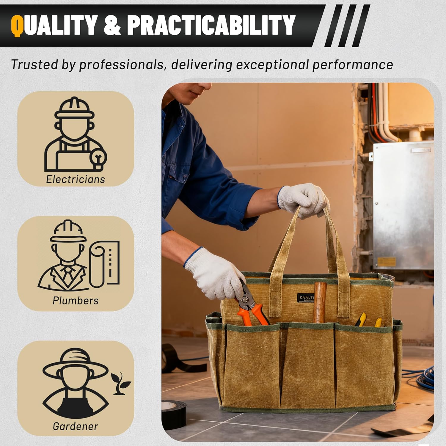 16OZ Waxed Canvas Tool Tote Bag | Large-Capacity Tool Storage Tote with 10 External Pockets | Multi-Purpose Garden Tool Carrier for Gardening, Wrench, and Carpentry Tools – Khaki