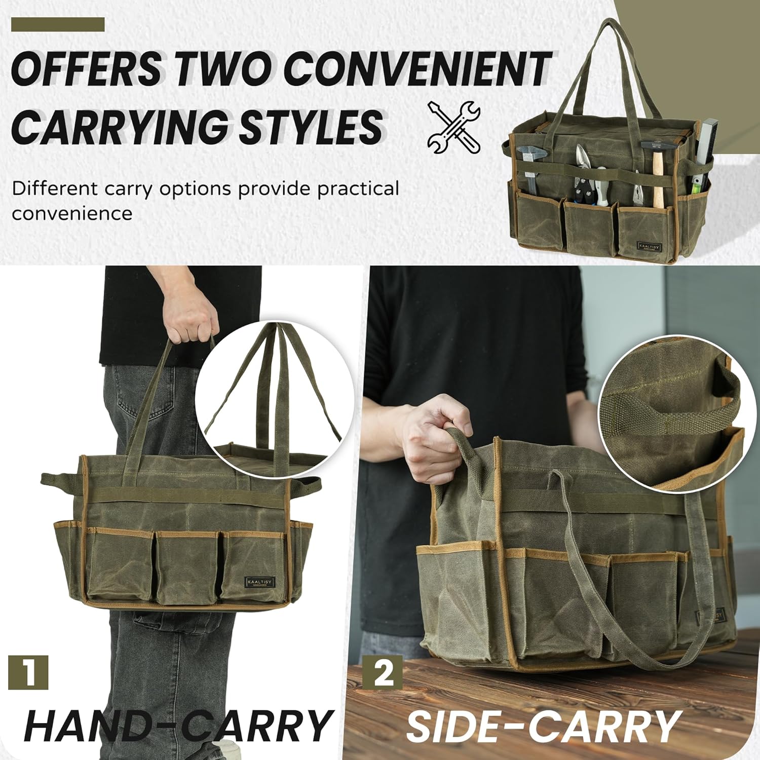 Tool Bag, Heavy Duty 16oz Waxed Canvas Garden Tool Organizer Tote with Reinforced Bottom, Large Capacity & 11 Slots, Dual Handles Tool Carrier for Gardening Carpentry DIY Tools | Army Green