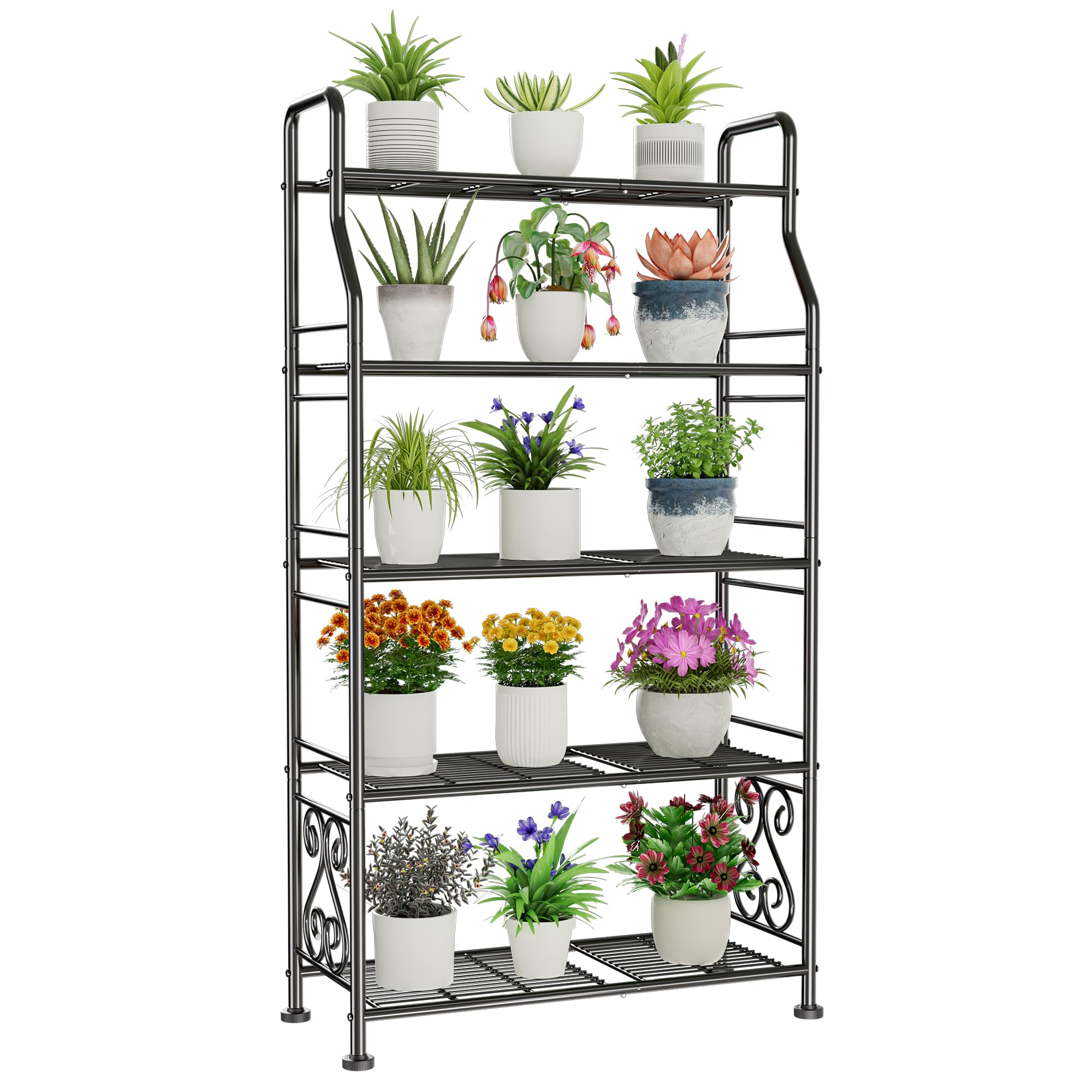 GIOTORENT Plant Stand Indoor, 3-Tier Heavy Duty Metal Shelf for Patio & Indoor, Tall Plant Holds 14+ Plants with 5 Hooks, Rust-Proof Plant Holder for Garden, Balcony, Living Room, Black