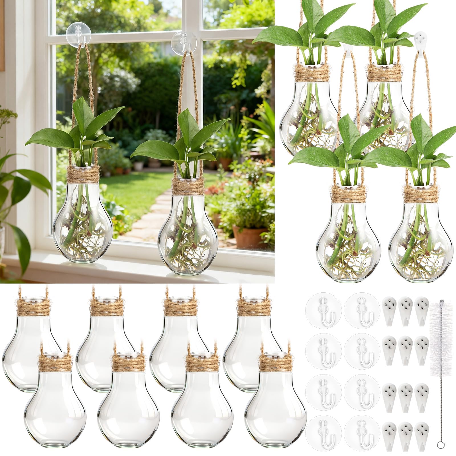 Baderke 18 Sets 3.94" Plastic Window Propagation Stations Hanging Propagation Vases Plant Test Tubes with Suction Cup & Traceless Nail & Brush Clear Wall Jars for Office Home Garden Decor Lover Gift