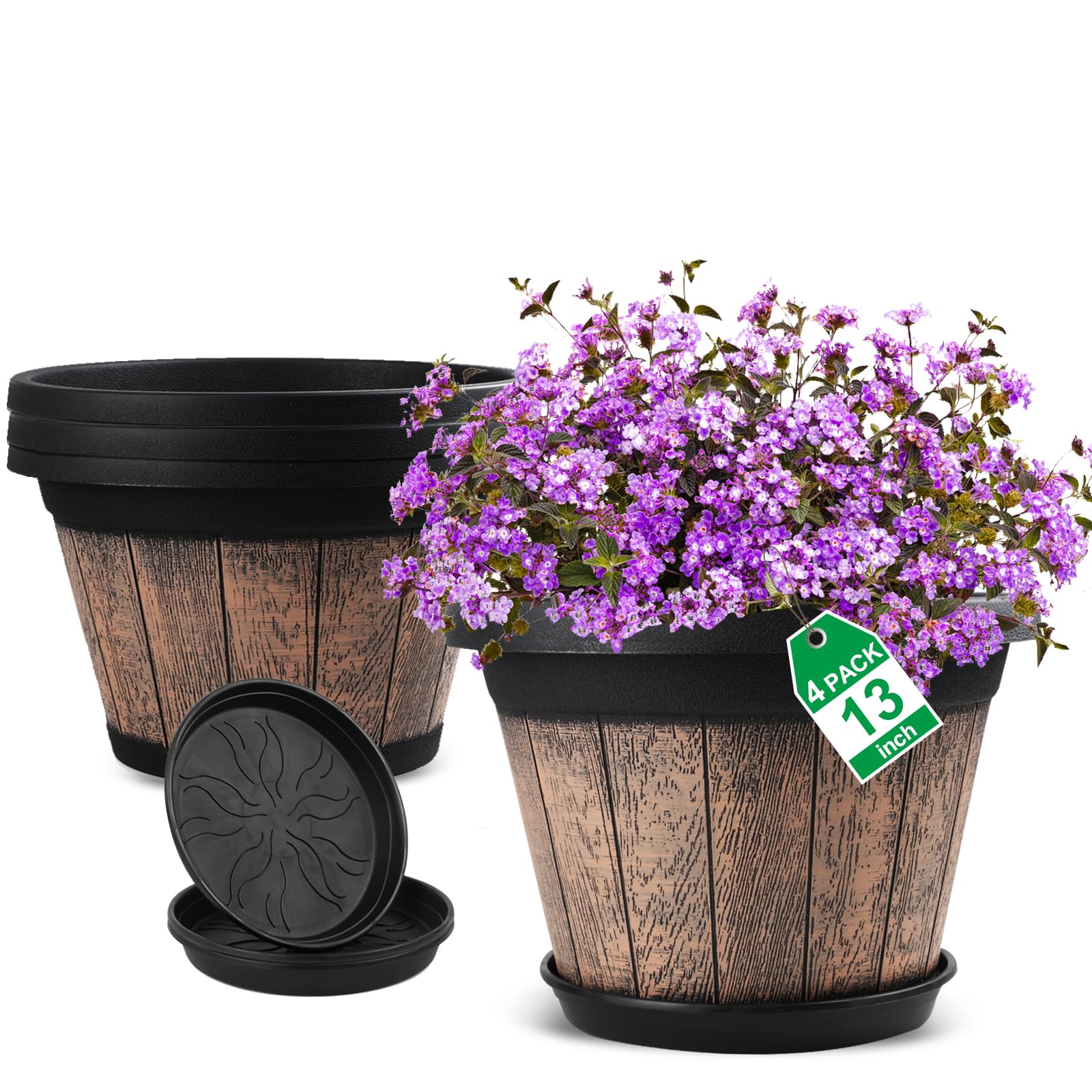 Quarut Large Plastic 4 Pack14 inch Plant Pots,Whiskey Barrel Planters with Drainage Holes & Saucer.Flower Pots Imitation Wine Barrel Design for Indoor & Outdoor Garden Balcony Plants.5 Gallons(Brown)