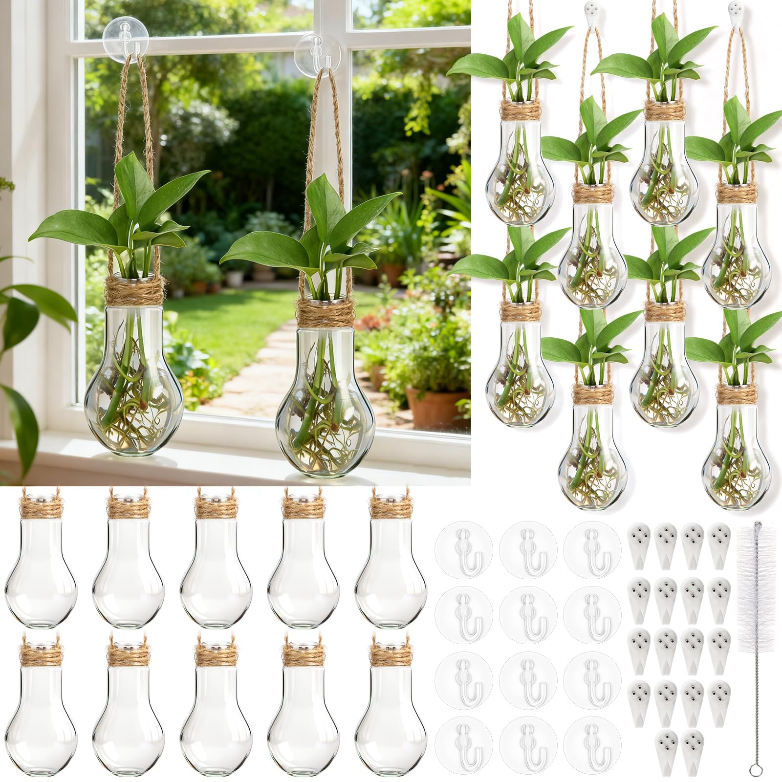 Baderke 18 Sets 3.94" Plastic Window Propagation Stations Hanging Propagation Vases Plant Test Tubes with Suction Cup & Traceless Nail & Brush Clear Wall Jars for Office Home Garden Decor Lover Gift