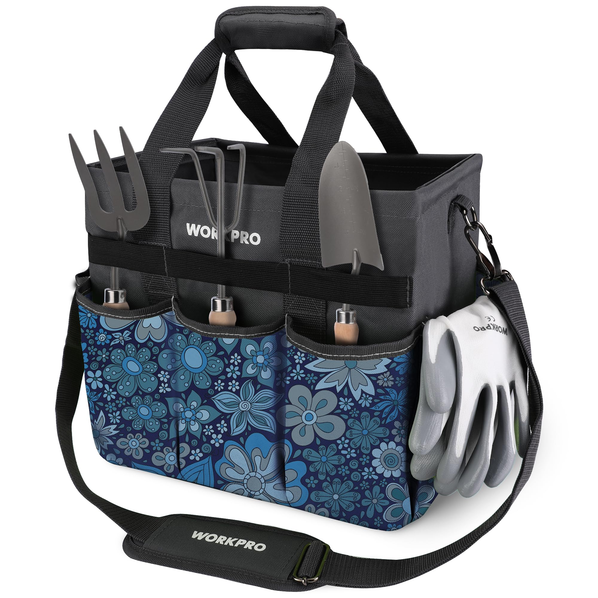 WORKPRO Garden Tool Bag Organizer, Heavy Duty Gardening Tote Bag with 10 Pockets and Long Adjustable Shoulder Strap, Standable Garden Home Tool Kits Organizer, Green (Tools are not included)