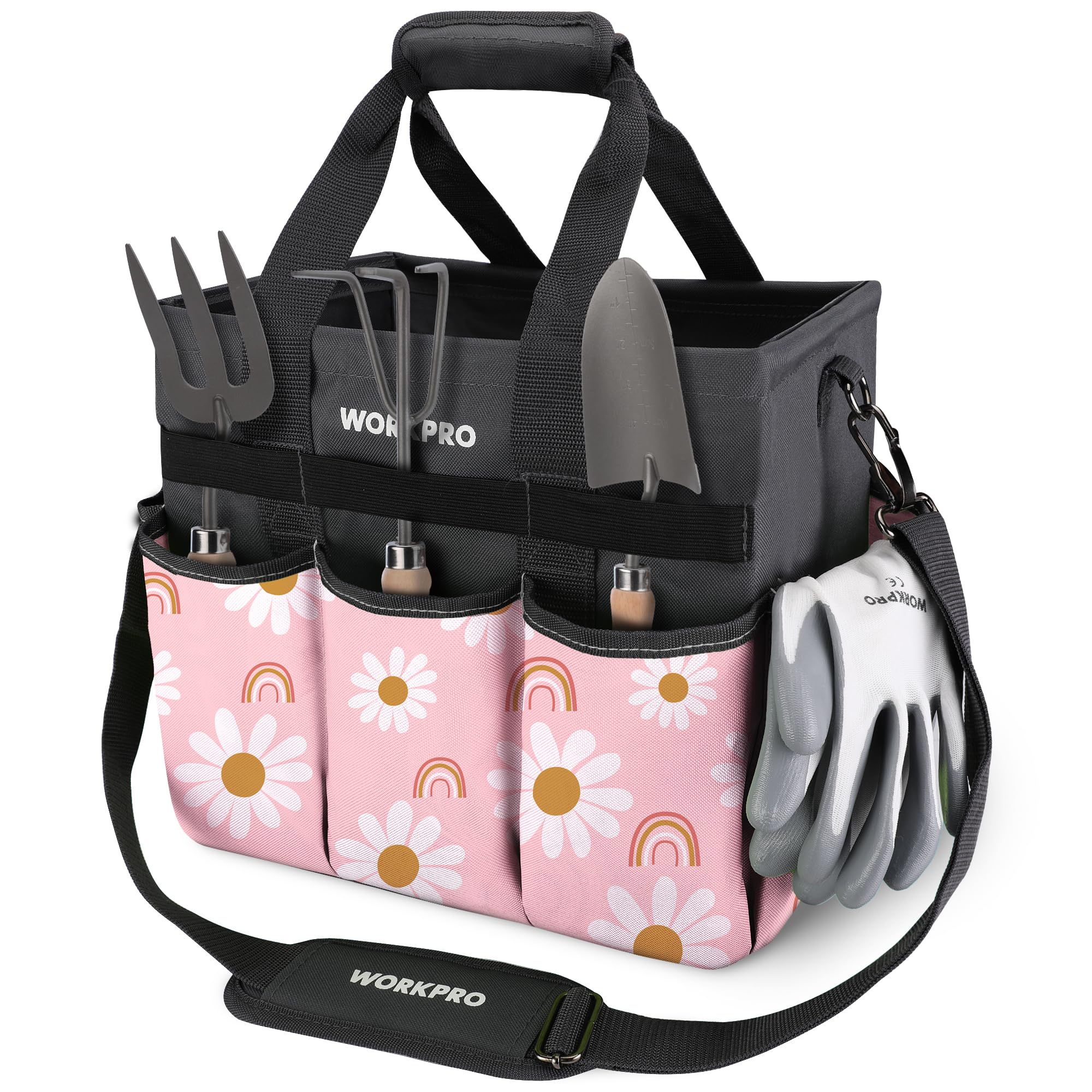 WORKPRO Garden Tool Bag Organizer, Heavy Duty Gardening Tote Bag with 10 Pockets and Long Adjustable Shoulder Strap, Standable Garden Home Tool Kits Organizer, Green (Tools are not included)