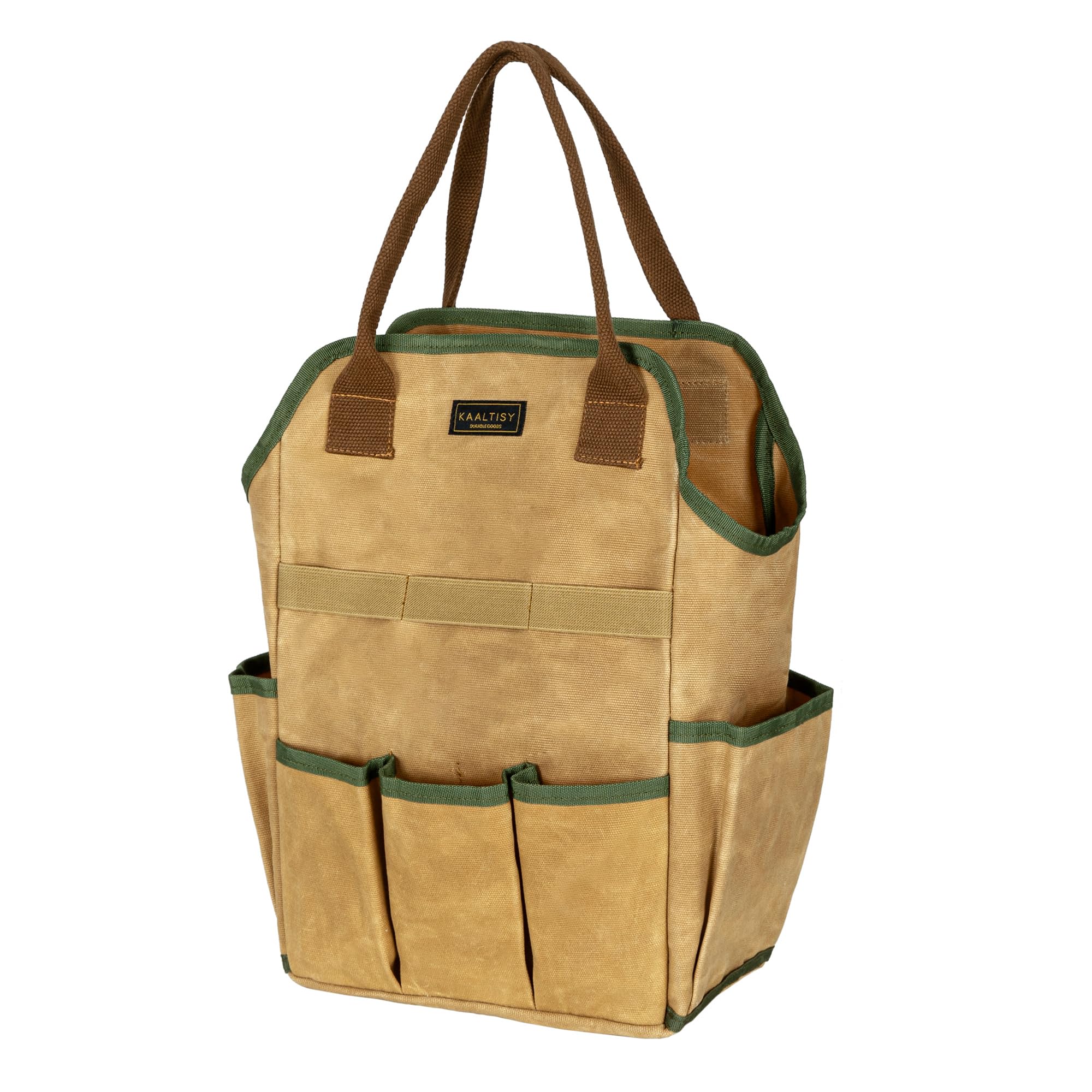 Tool Bag, Heavy Duty 16oz Waxed Canvas Garden Tool Tote - with 3 Inner Slots & 8 Outer Pockets, Multi-Purpose Gardening Tool Storage Bag for Gardener Florist Workshop - Army Green
