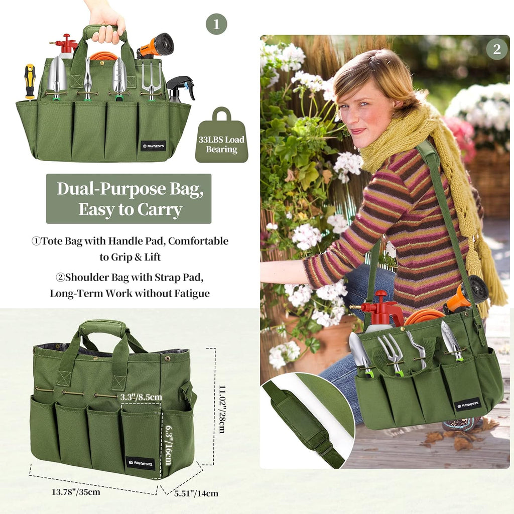 Garden Tote Bag, Gardening Tool Bag Organizer with Pockets & Handle, 900D Heavy Duty Garden Storage Bag with Long Adjustable Shoulder Strap for Tools, Green