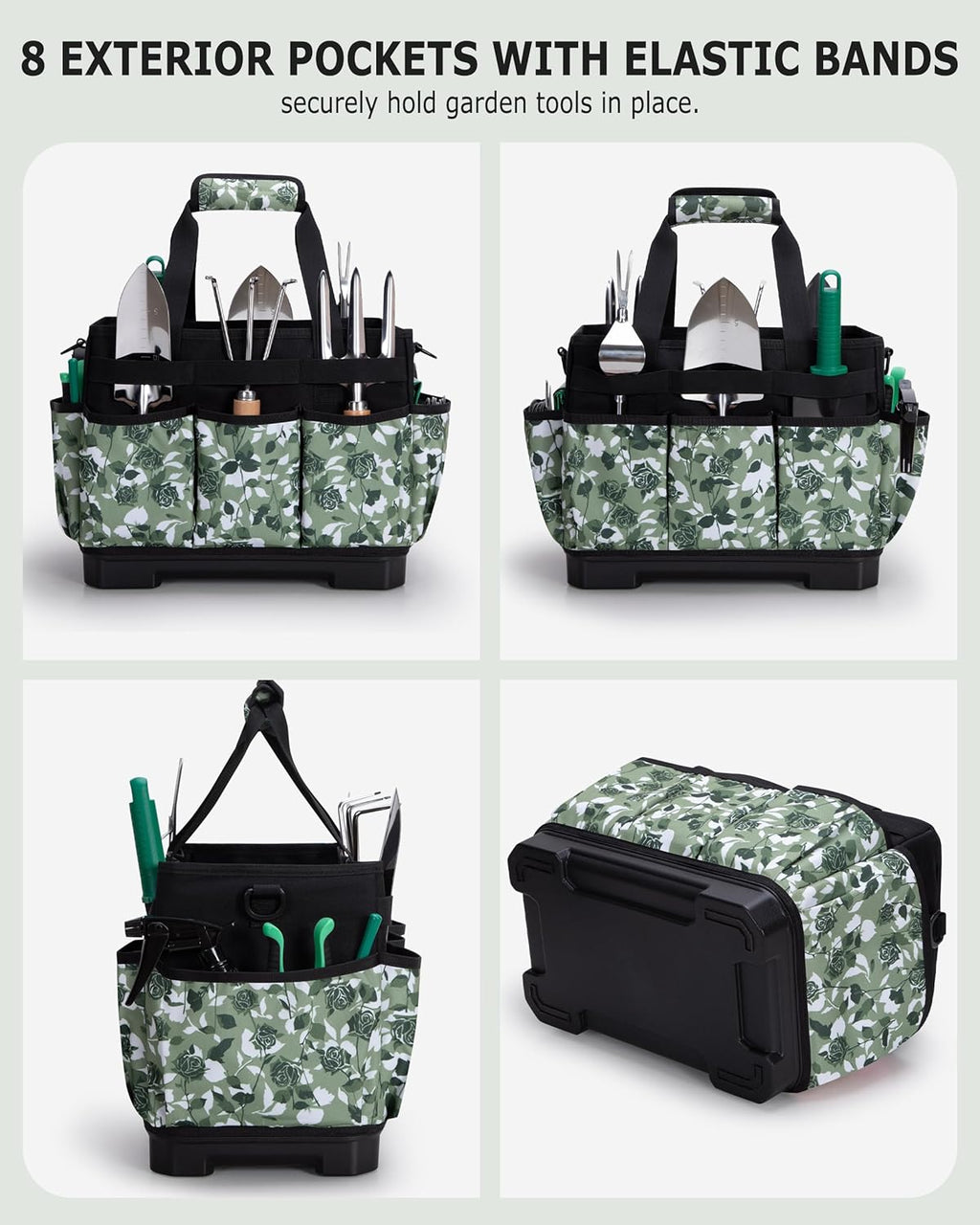 Garden Tool Bag with Hard Bottom, Garden Tote with Shoulder Strap and Multiple Pockets (No Accessories Included), Green Rose