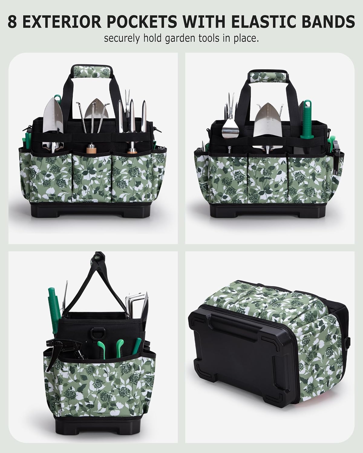 Garden Tool Bag with Hard Bottom, Garden Tote with Shoulder Strap and Multiple Pockets (No Accessories Included), Green Rose