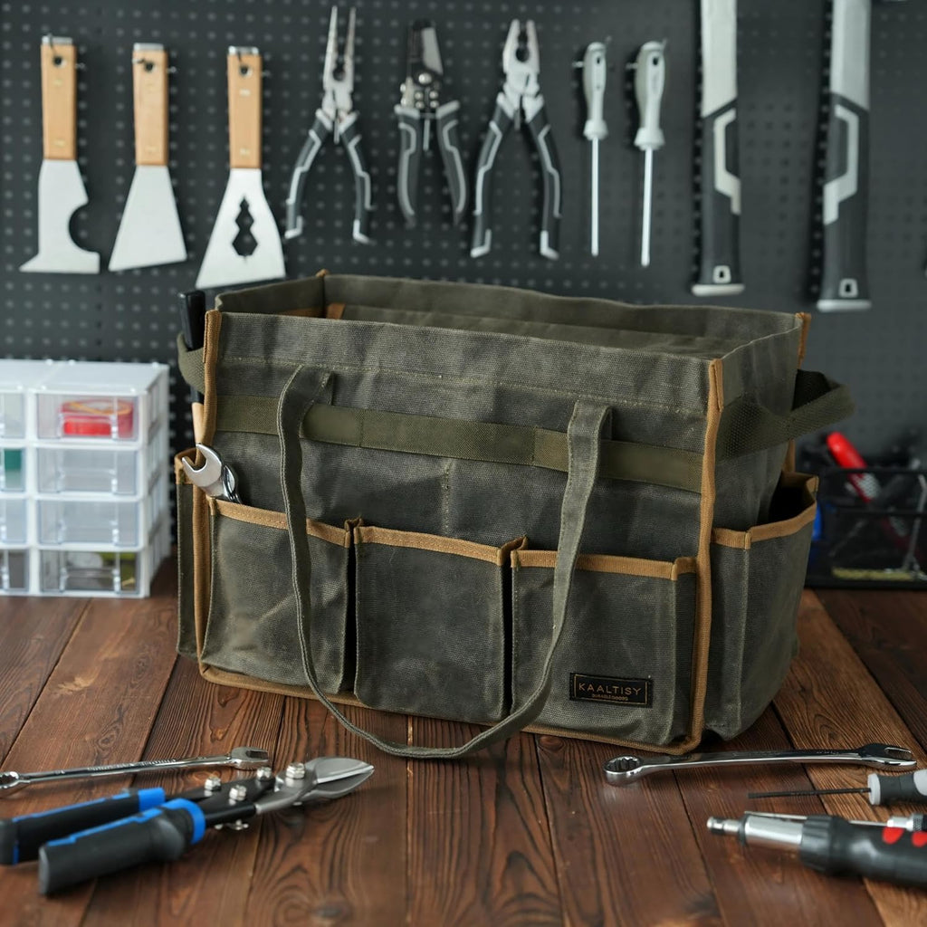 Tool Bag, Heavy Duty 16oz Waxed Canvas Garden Tool Organizer Tote with Reinforced Bottom, Large Capacity & 11 Slots, Dual Handles Tool Carrier for Gardening Carpentry DIY Tools | Army Green