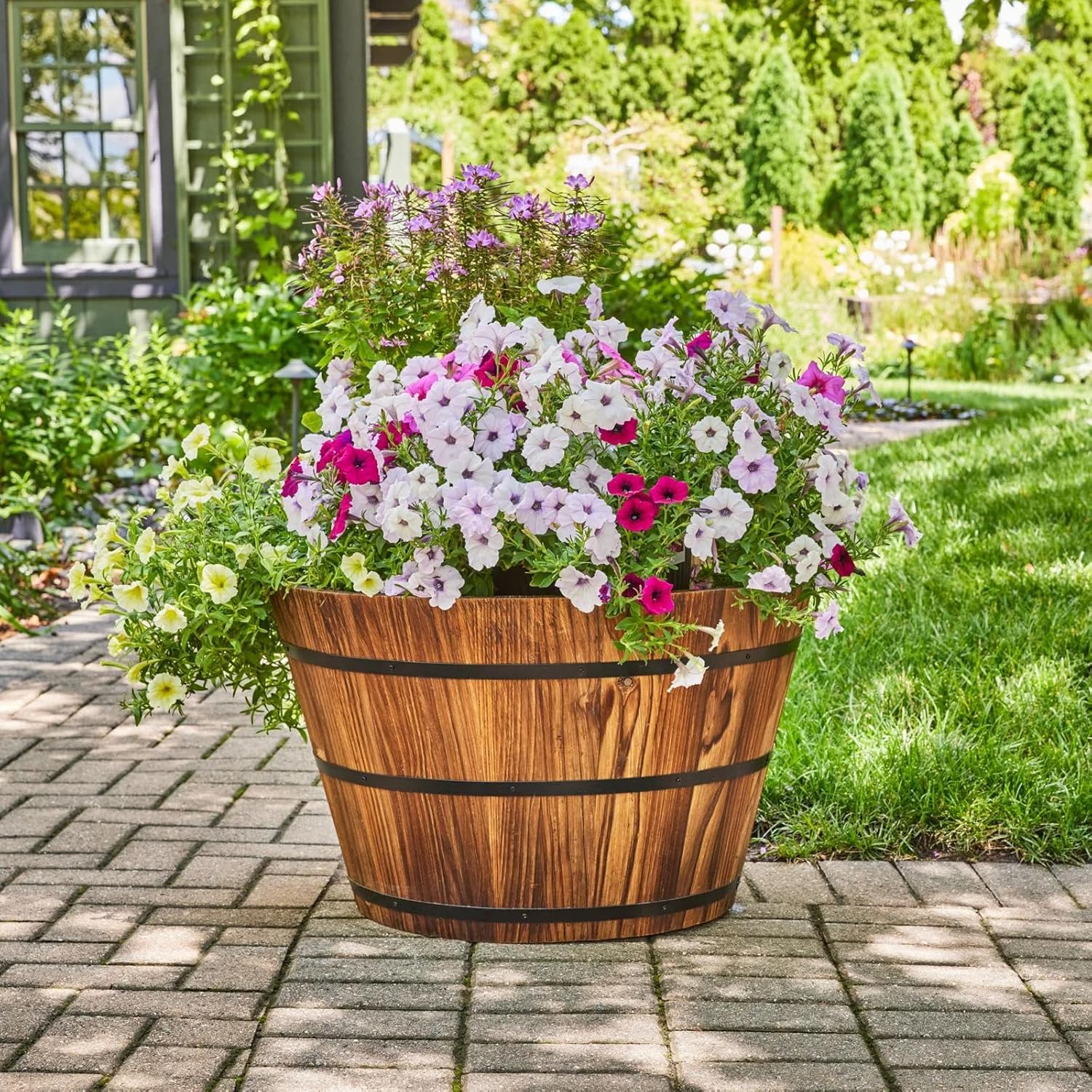 17-inch Wooden Barrel Flower Pot, a Rustic Wooden Planter Suitable for Indoor and Outdoor Plants, Ideal for Garden, Patio, and Home Decor Large Wooden Container