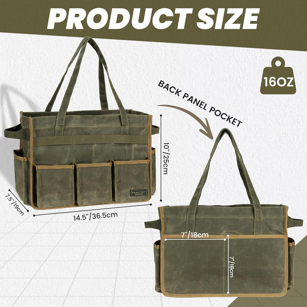 Tool Bag, Heavy Duty 16oz Waxed Canvas Garden Tool Organizer Tote with Reinforced Bottom, Large Capacity & 11 Slots, Dual Handles Tool Carrier for Gardening Carpentry DIY Tools | Army Green