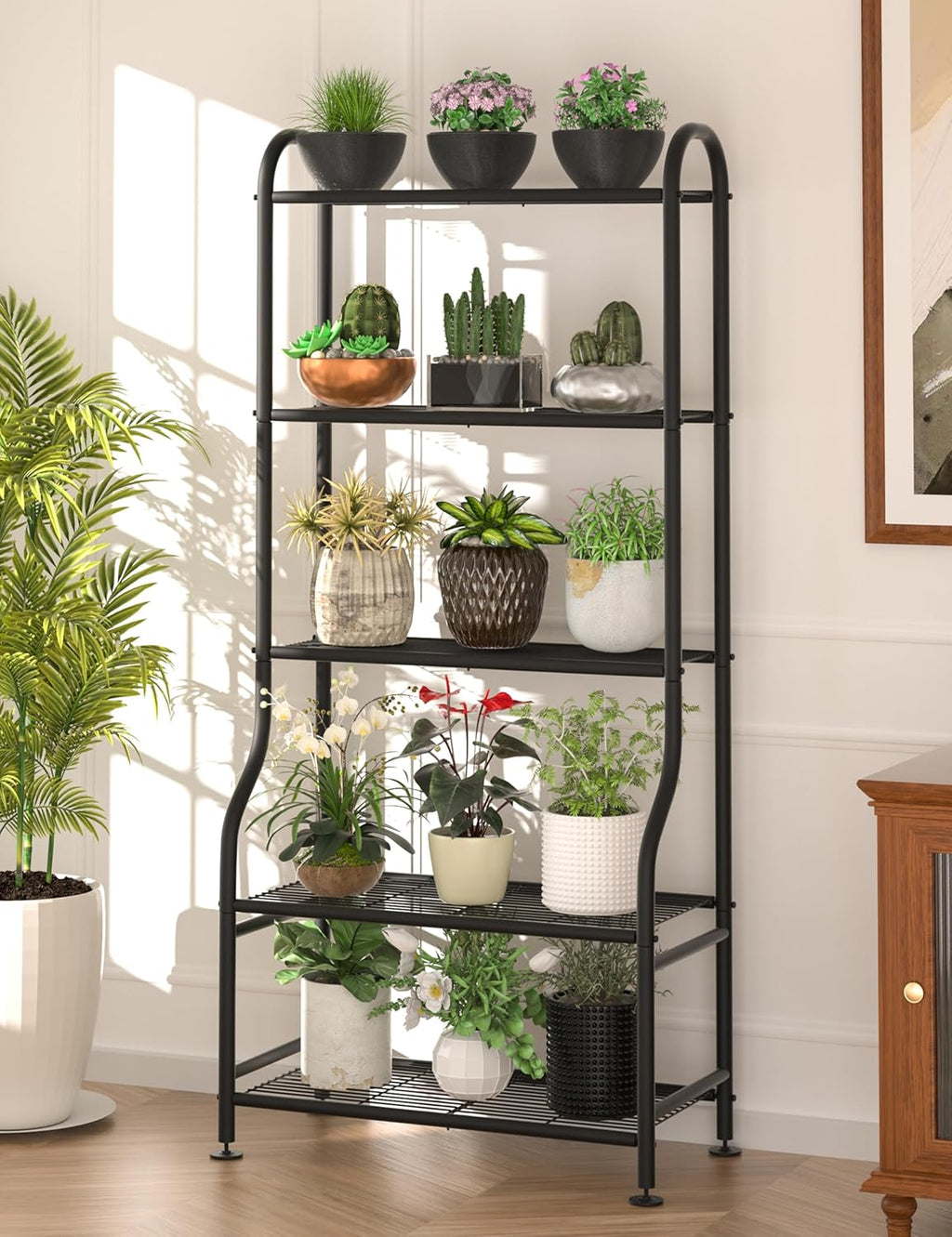 5-Tier Metal Plant Stand - Heavy Duty Indoor Outdoor Flower Shelf for Multiple Pots, 65" Tall Vertical Holder with Adjustable Leveling Feet & Wall-Fixing Kits, Black