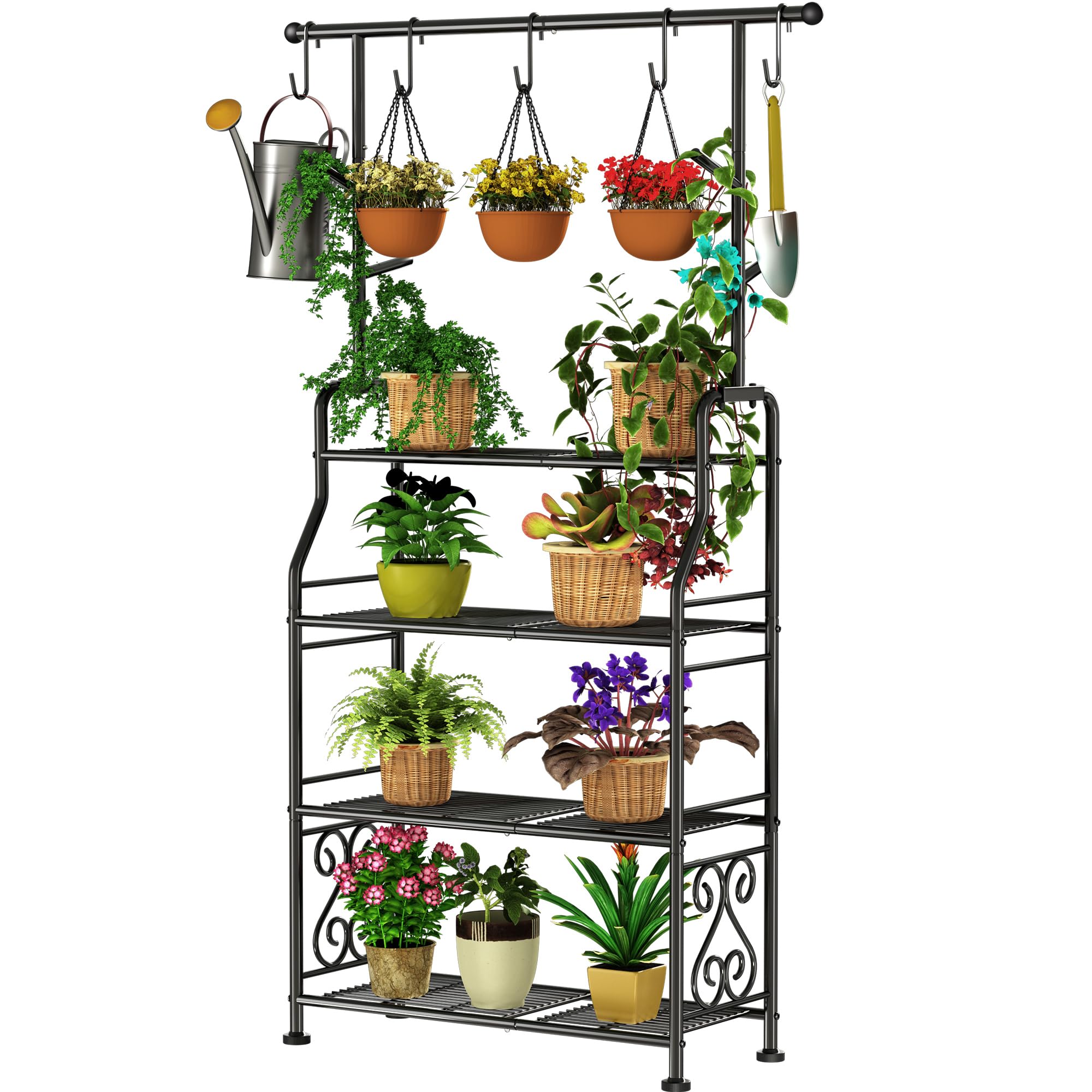GIOTORENT Plant Stand Indoor, 3-Tier Heavy Duty Metal Shelf for Patio & Indoor, Tall Plant Holds 14+ Plants with 5 Hooks, Rust-Proof Plant Holder for Garden, Balcony, Living Room, Black