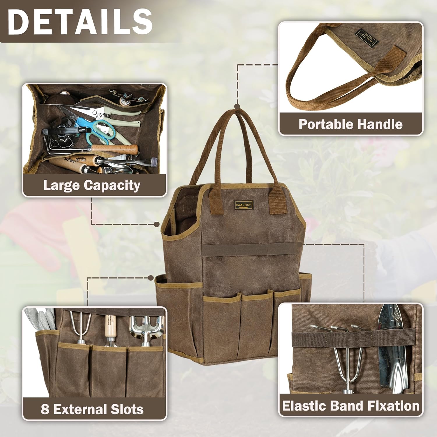 Canvas Garden Tool Bag, 16OZ Waxed Canvas Garden Tools Storage Tote - with 3 Inner Slots + 8 Outer Pockets, Multi-Functional Tool Organizer Bag for Gardener Florist Workshop, Grey, 9.5 x 6 x 15.5 In