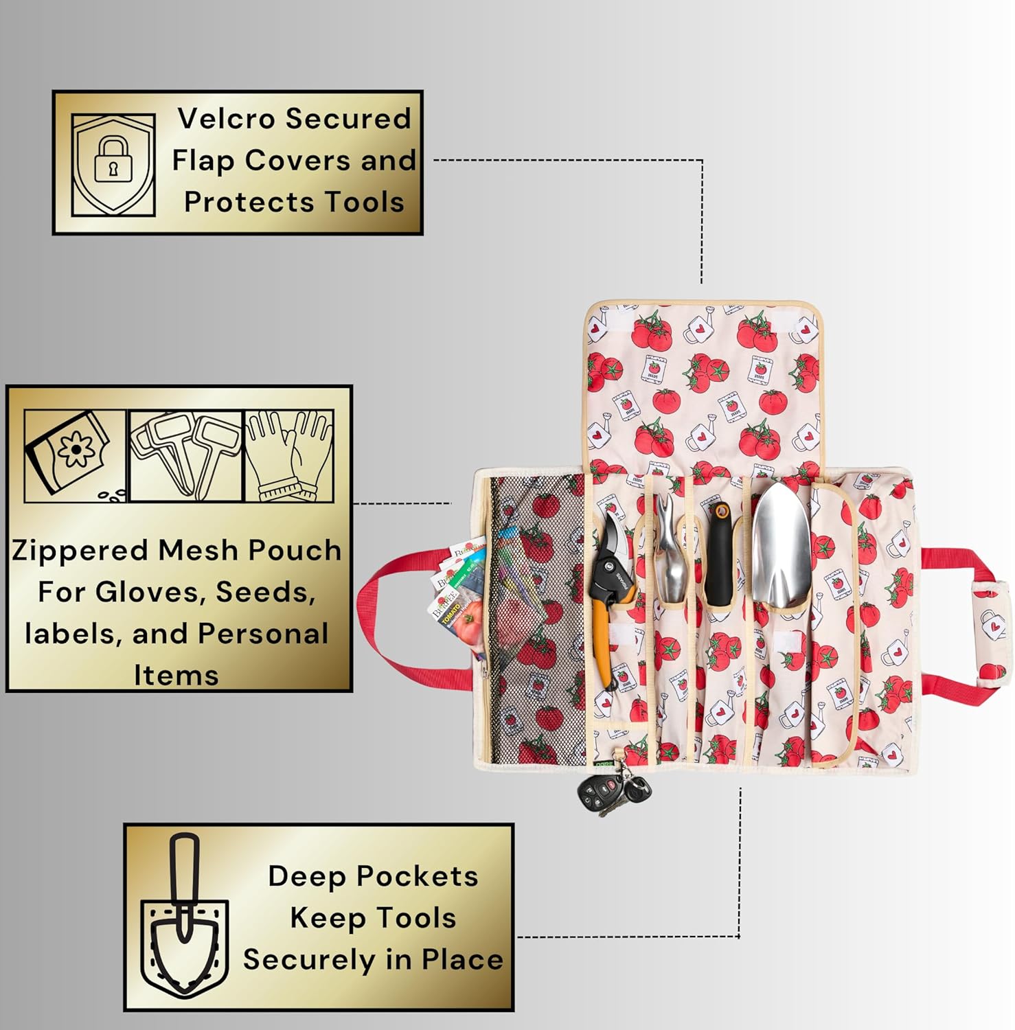 Garden Tool Bag - Roll-Up Garden Tool Holder with Deep Pockets | 900D Polyester Heavy Duty Gardening Tote | Compact Washable Organizer for Tools, Seeds, and Essentials (Tools Not Included)