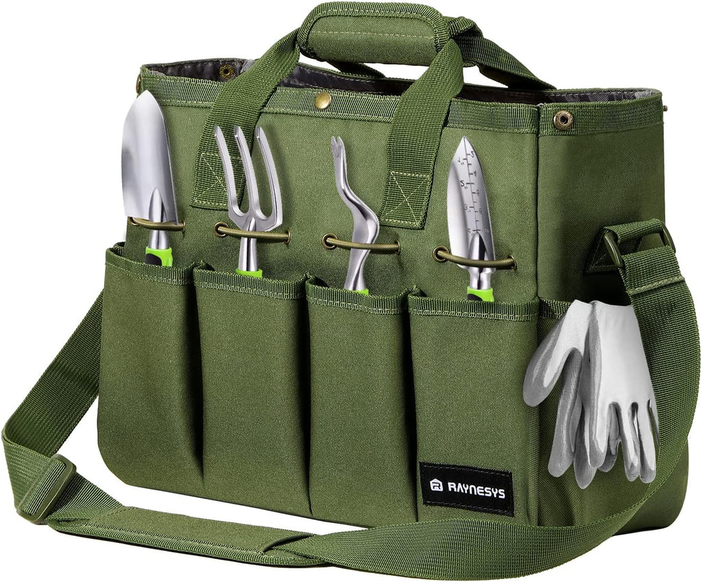 Garden Tote Bag, Gardening Tool Bag Organizer with Pockets & Handle, 900D Heavy Duty Garden Storage Bag with Long Adjustable Shoulder Strap for Tools, Green
