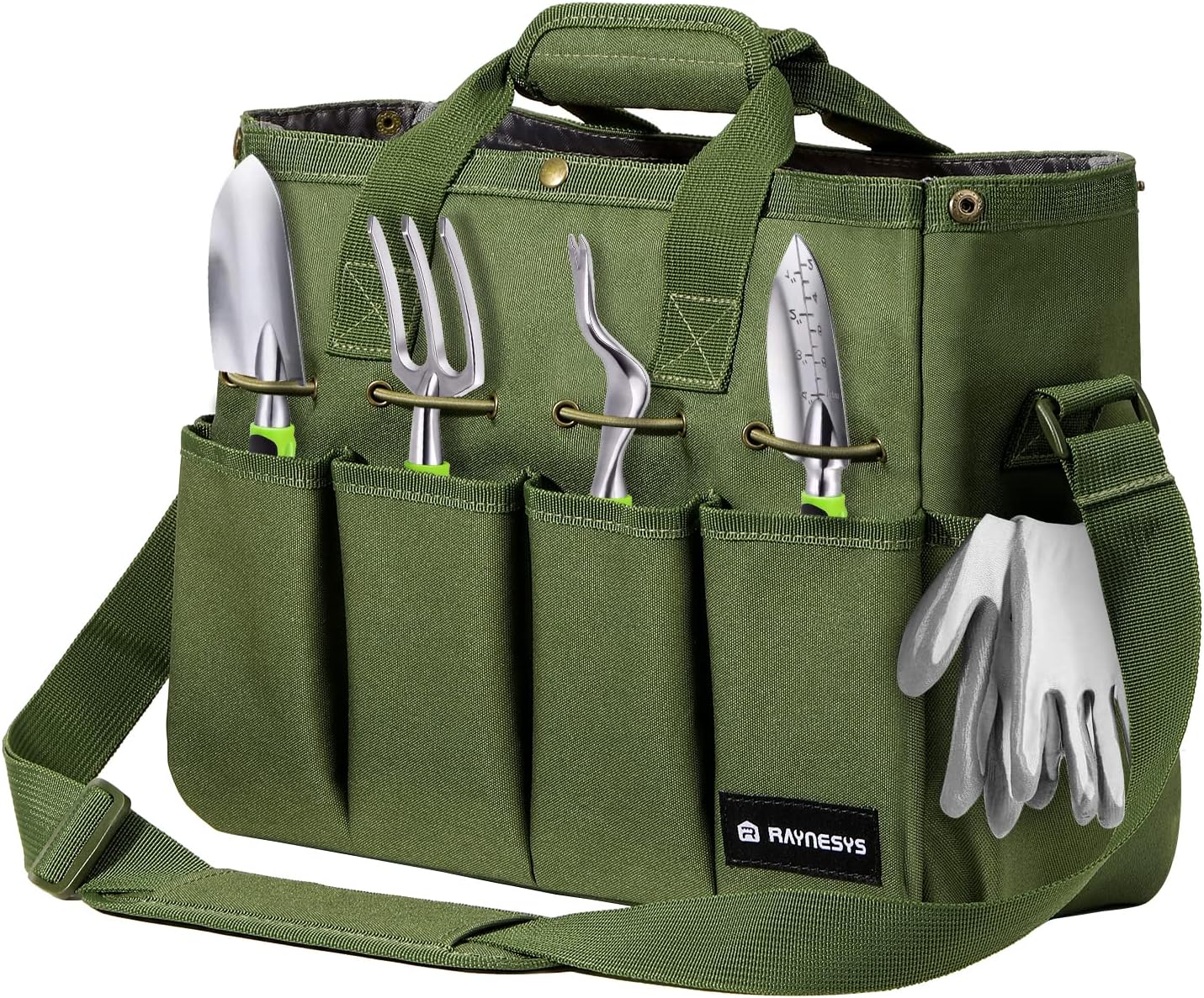 Garden Tote Bag, Gardening Tool Bag Organizer with Pockets & Handle, 900D Heavy Duty Garden Storage Bag with Long Adjustable Shoulder Strap for Tools, Green