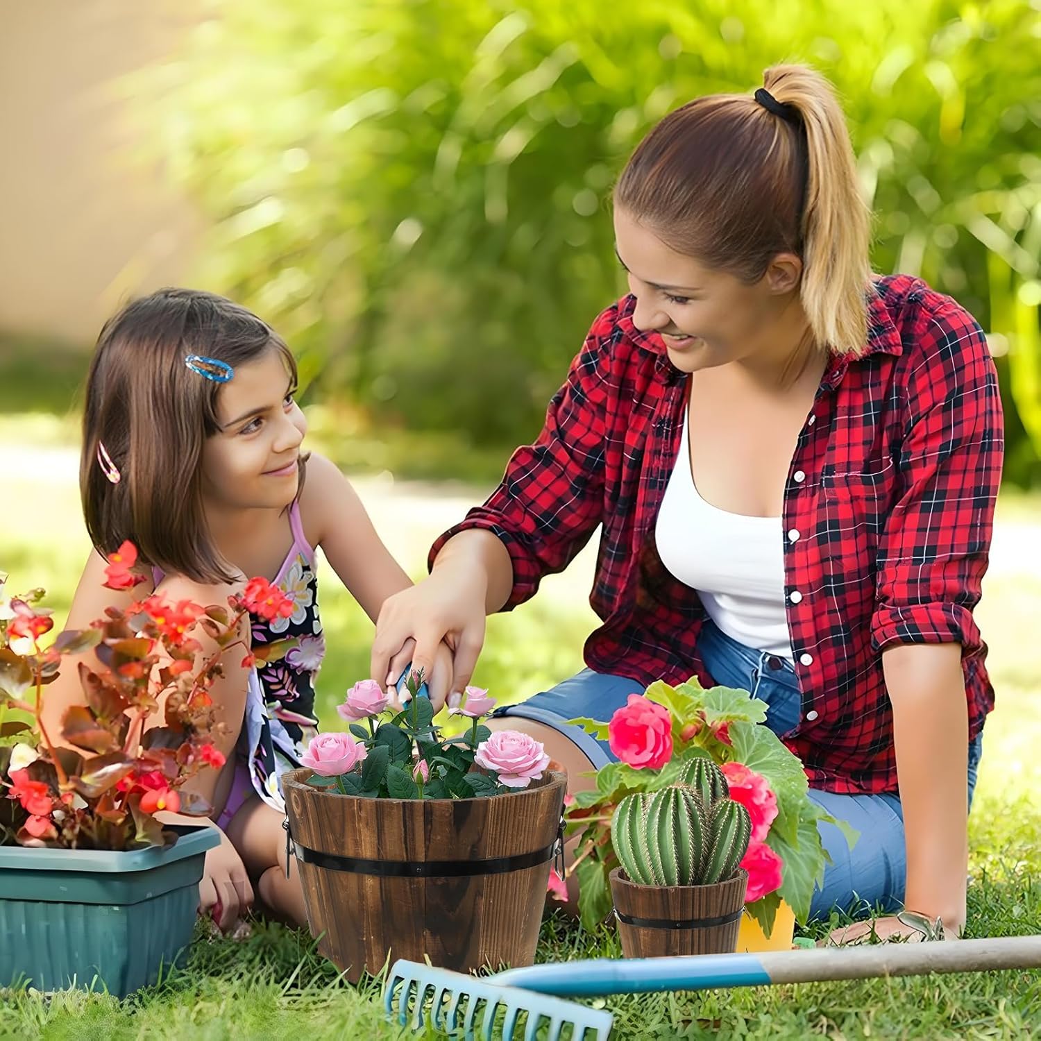 4 Pcs Wooden Whiskey Barrel Planters, Wooden Flower Planters Pots Boxes with Metal Handles 4 Sizes Planting Wood Buckets Christmas Tree Pot for Indoor Outdoor Garden Home Plants