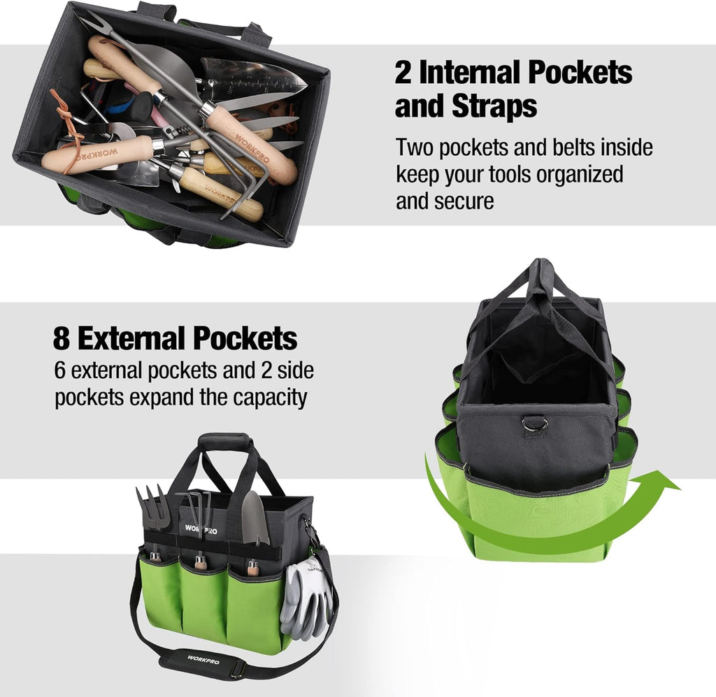 WORKPRO Garden Tool Bag Organizer, Heavy Duty Gardening Tote Bag with 10 Pockets and Long Adjustable Shoulder Strap, Standable Garden Home Tool Kits Organizer, Green (Tools are not included)