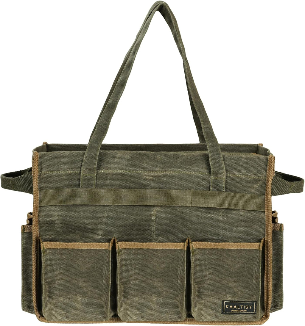 Tool Bag, Heavy Duty 16oz Waxed Canvas Garden Tool Organizer Tote with Reinforced Bottom, Large Capacity & 11 Slots, Dual Handles Tool Carrier for Gardening Carpentry DIY Tools | Army Green