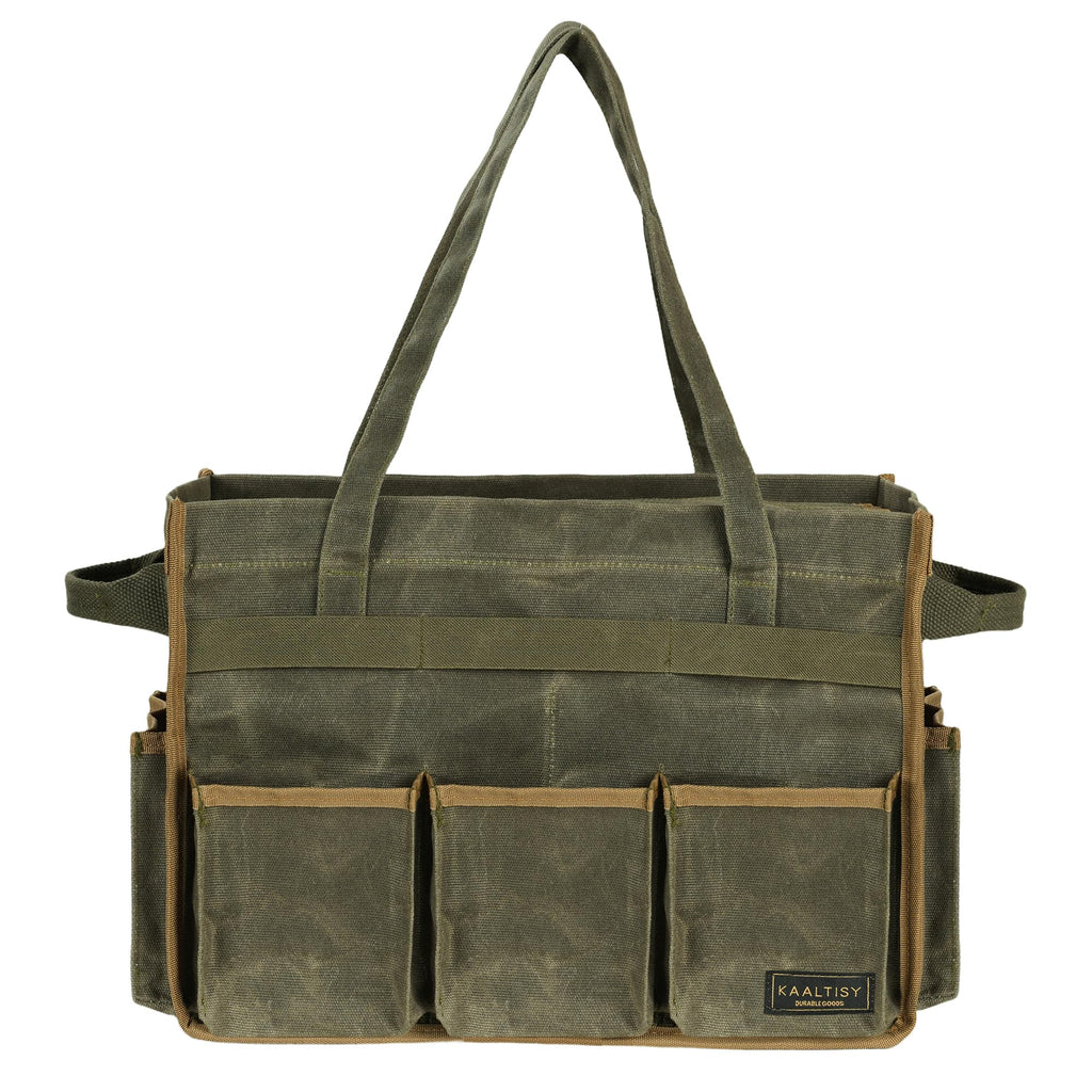 Tool Bag, Heavy Duty 16oz Waxed Canvas Garden Tool Organizer Tote with Reinforced Bottom, Large Capacity & 11 Slots, Dual Handles Tool Carrier for Gardening Carpentry DIY Tools | Army Green