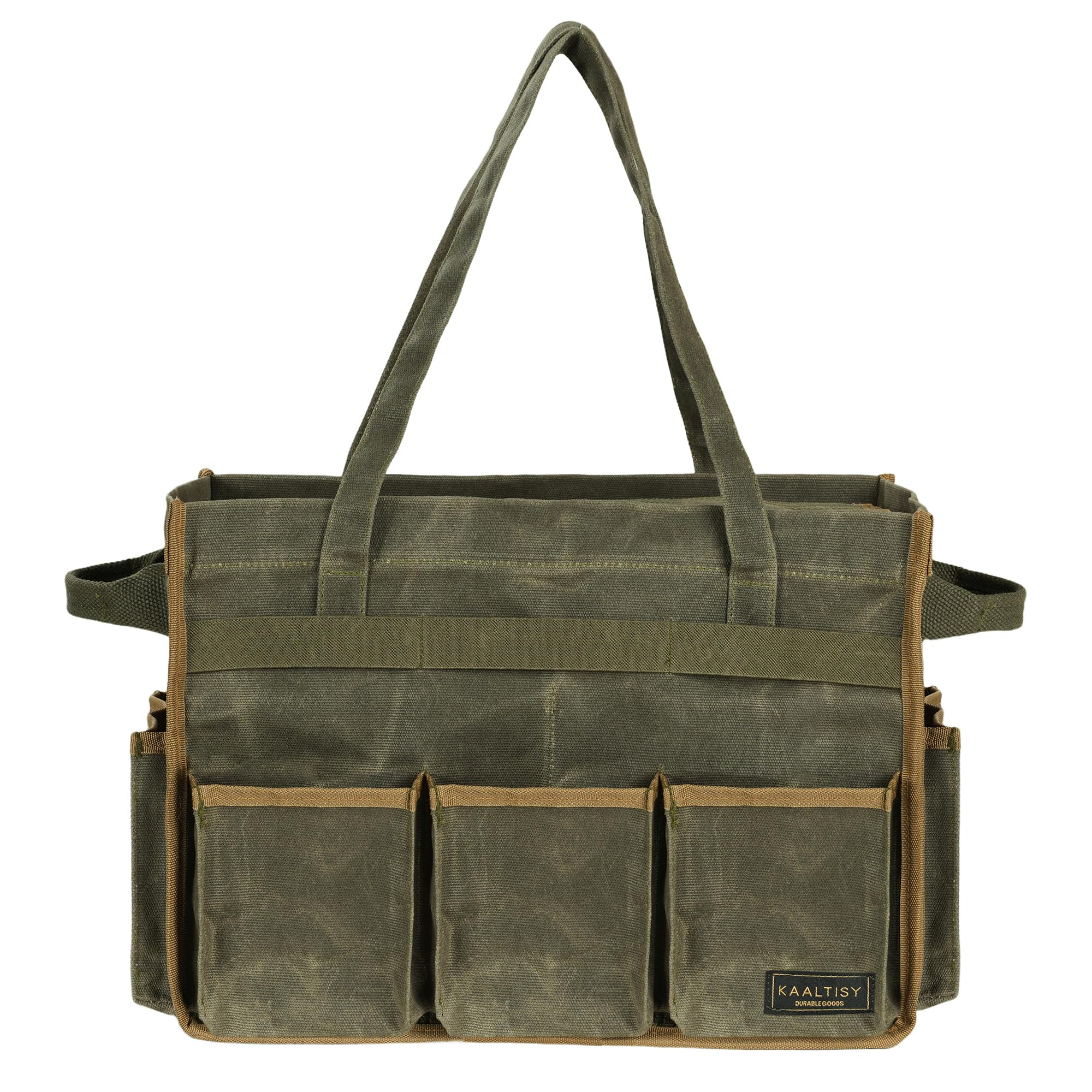 Tool Bag, Heavy Duty 16oz Waxed Canvas Garden Tool Organizer Tote with Reinforced Bottom, Large Capacity & 11 Slots, Dual Handles Tool Carrier for Gardening Carpentry DIY Tools | Army Green