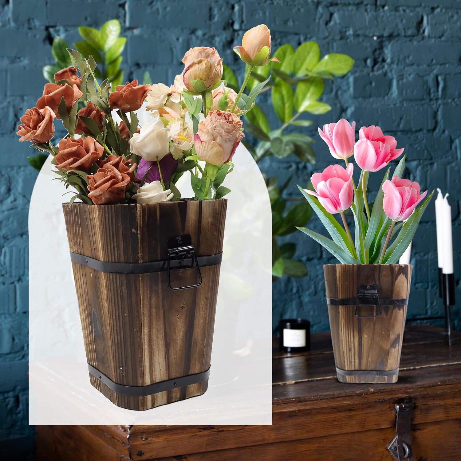 MY MIRONEY Plant Pots, Vintage Wooden Barrel Planter - Solid Rustic Garden Flower Pot with Metal Handles & Frame for Indoor Planter, Office Home Decor, Garden Home Plants, 6.69" x 9.45"