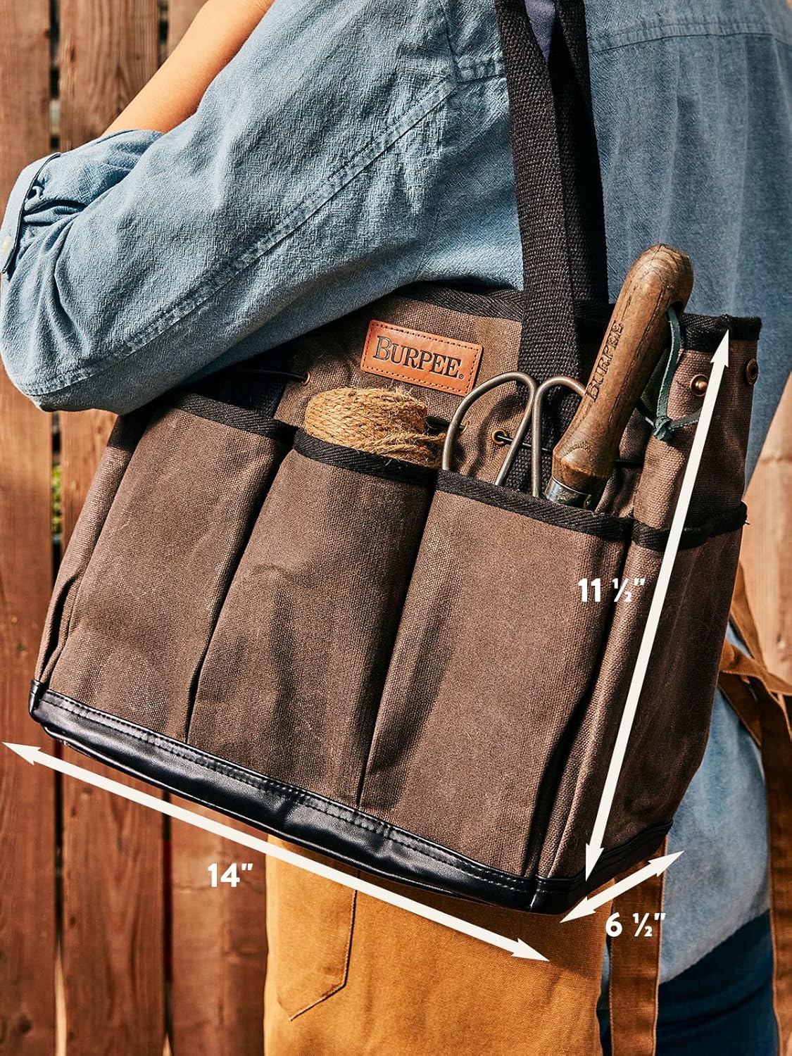 Burpee Waxed Canvas Garden Tool Tote | Heavy-Duty Tote Bag Storage Organizer for Gardening Tools | Great Gift for Gardeners | Canvas Tote Bag Caddy 8 Exterior Pockets for Tool Storage, 12" H x 14.5" W