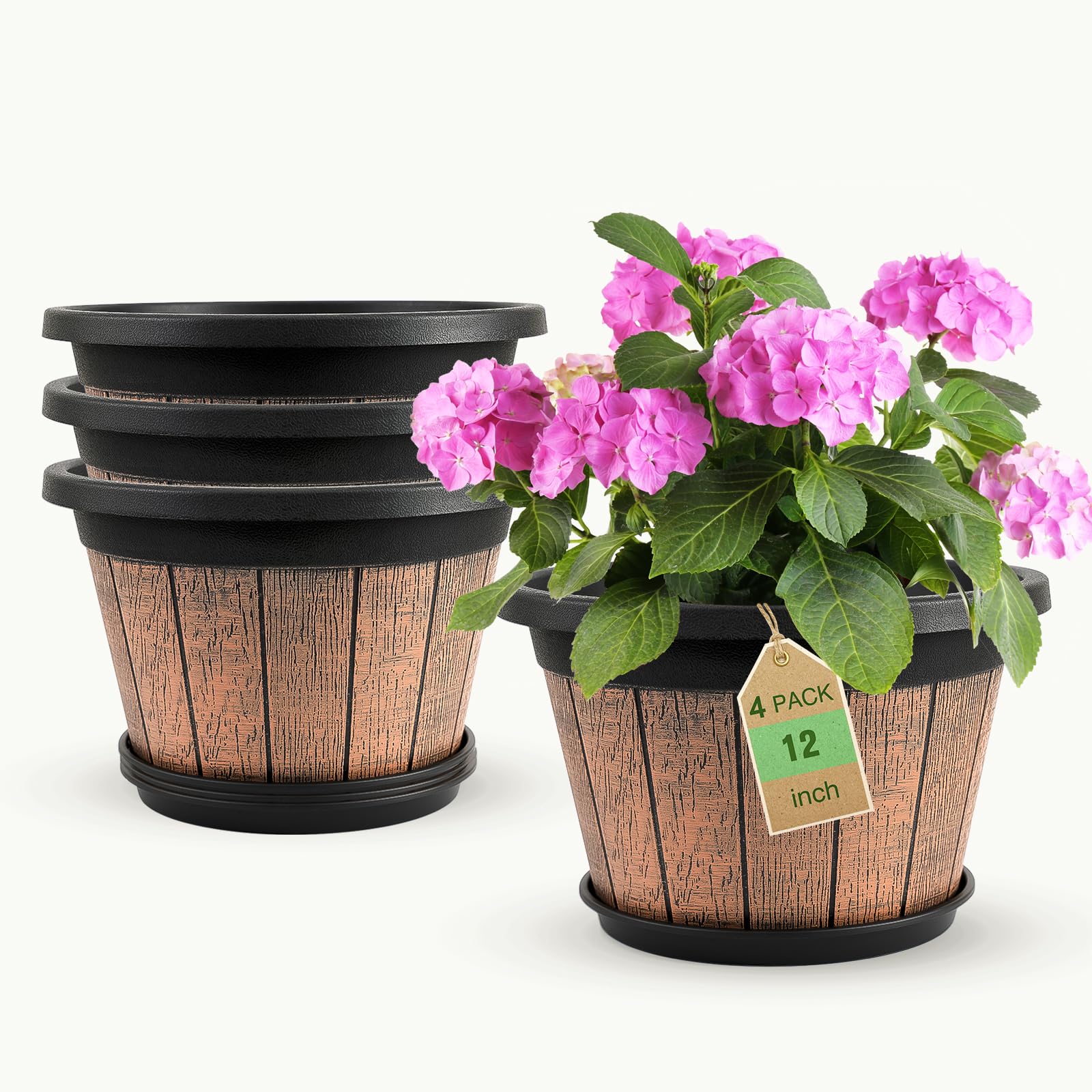 Quarut 4 Pack 10 inch Plant Pots,Upgrade Whiskey Barrel Planters with Drainage Holes & Saucer,Plastic Decoration Flower Pots Retro Design,Planters for Outdoor Indoor Garden Home Plants (Brown)
