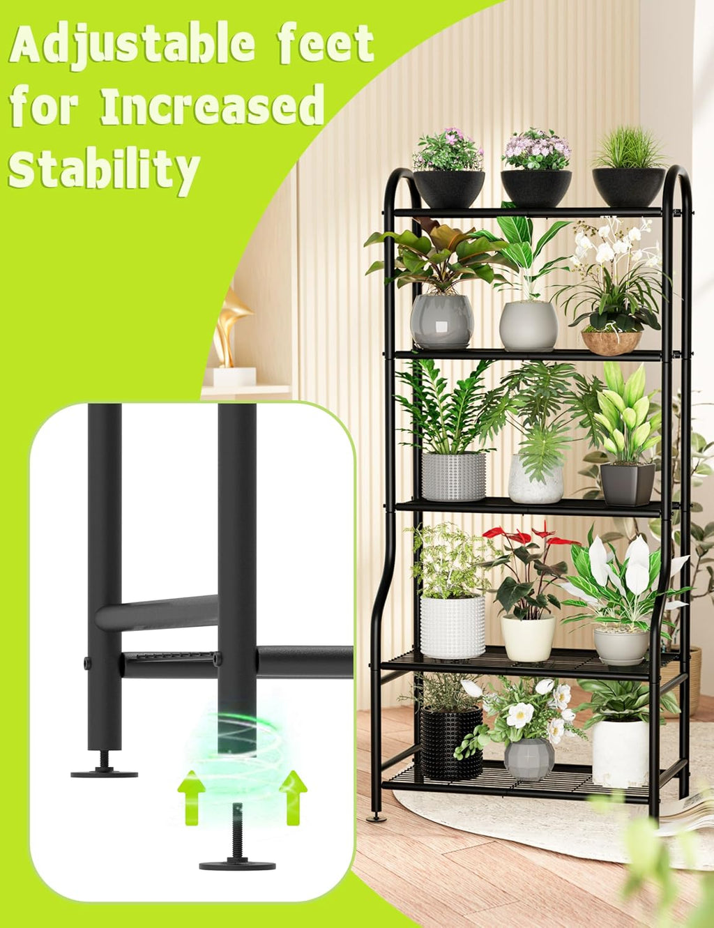 5-Tier Metal Plant Stand - Heavy Duty Indoor Outdoor Flower Shelf for Multiple Pots, 65" Tall Vertical Holder with Adjustable Leveling Feet & Wall-Fixing Kits, Black