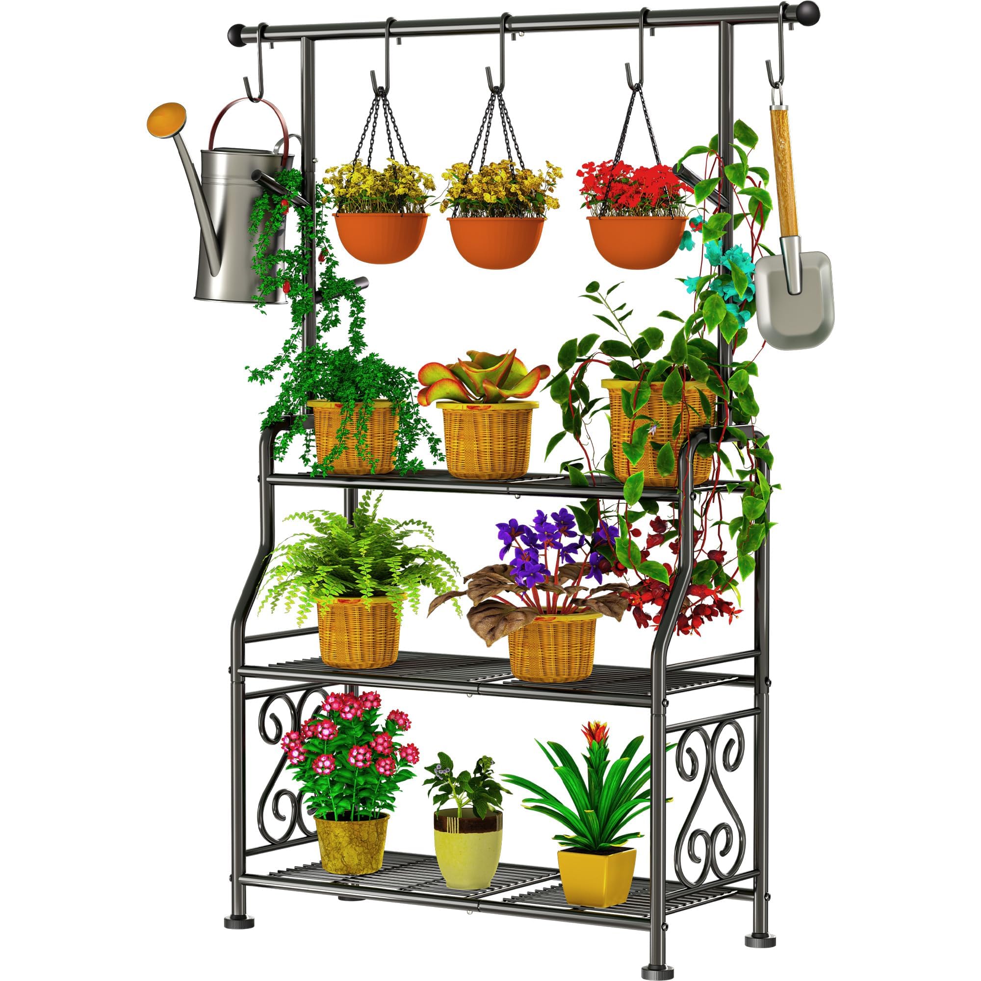 GIOTORENT Plant Stand Indoor, 3-Tier Heavy Duty Metal Shelf for Patio & Indoor, Tall Plant Holds 14+ Plants with 5 Hooks, Rust-Proof Plant Holder for Garden, Balcony, Living Room, Black
