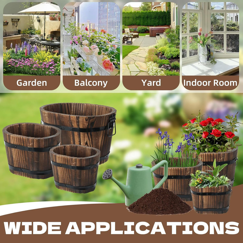 3 Pcs Wooden Whiskey Barrel Planters, Wooden Flower Planters Pots Boxes with Metal Handles 3 Sizes Planting Wood Buckets Tree Pot for Indoor Outdoor Garden Home Plants
