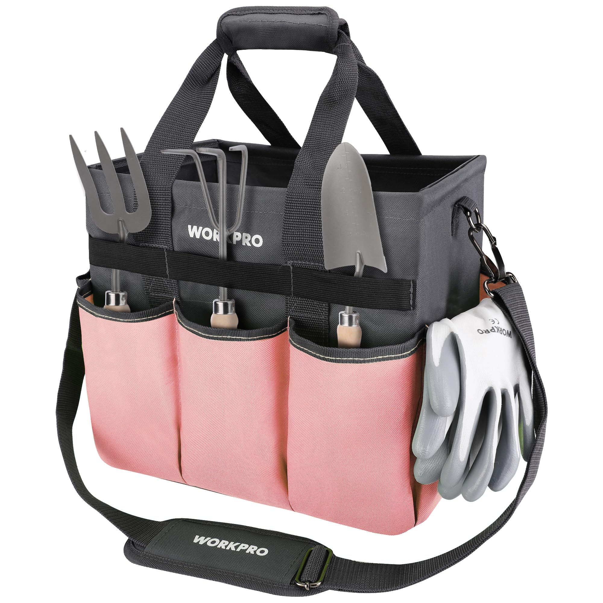 WORKPRO Garden Tool Bag Organizer, Heavy Duty Gardening Tote Bag with 10 Pockets and Long Adjustable Shoulder Strap, Standable Garden Home Tool Kits Organizer, Green (Tools are not included)