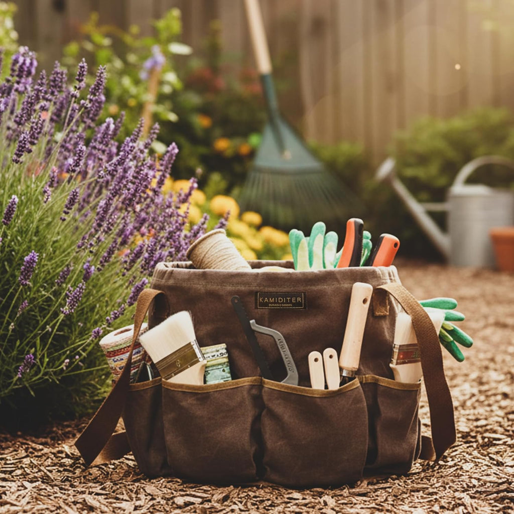 Waxed Canvas Garden Organizer Bag - Waterproof Bucket Tool Bag Portable with Side Pockets, Portable Gardening Tote for Lawn/Yard | Grey