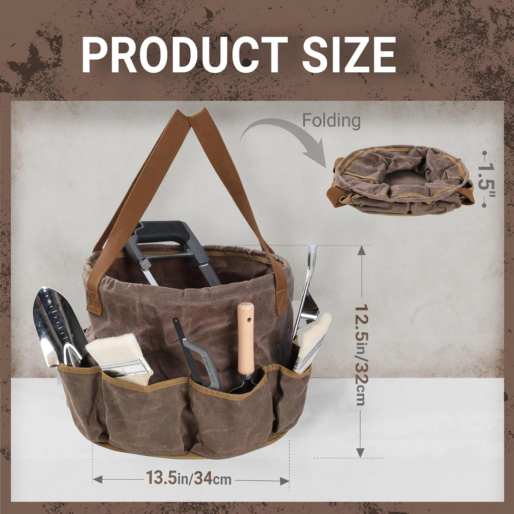 Waxed Canvas Garden Organizer Bag - Waterproof Bucket Tool Bag Portable with Side Pockets, Portable Gardening Tote for Lawn/Yard | Grey