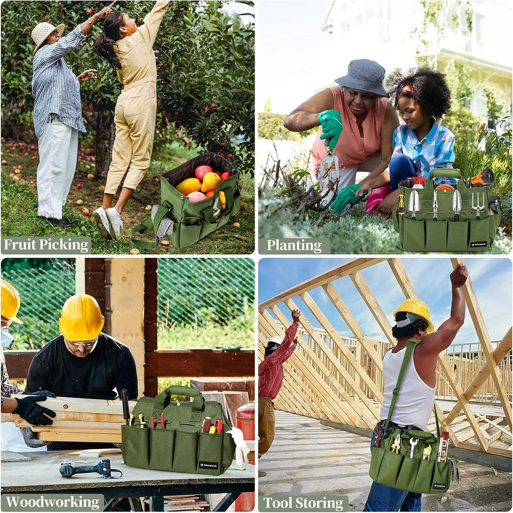 Garden Tote Bag, Gardening Tool Bag Organizer with Pockets & Handle, 900D Heavy Duty Garden Storage Bag with Long Adjustable Shoulder Strap for Tools, Green