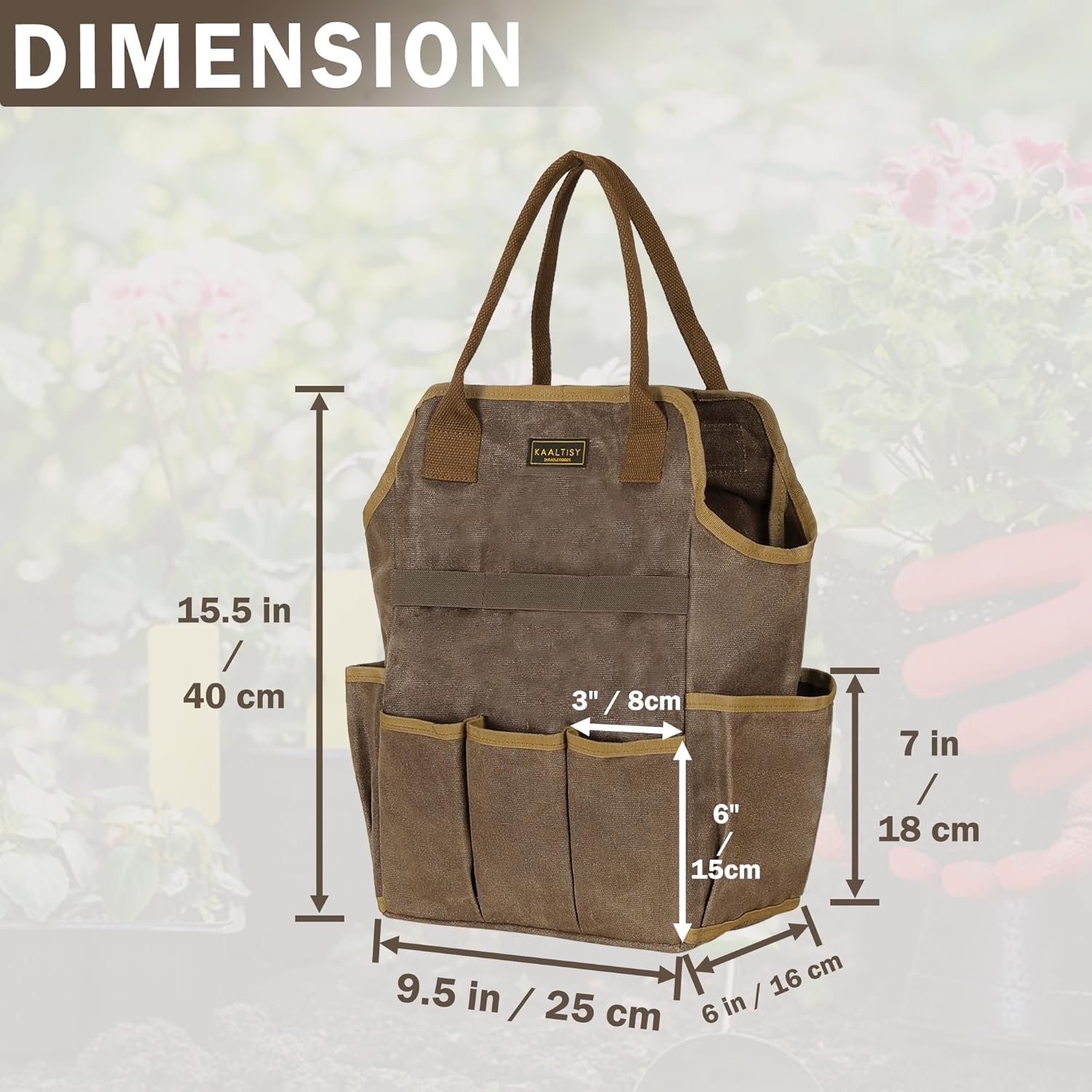Canvas Garden Tool Bag, 16OZ Waxed Canvas Garden Tools Storage Tote - with 3 Inner Slots + 8 Outer Pockets, Multi-Functional Tool Organizer Bag for Gardener Florist Workshop, Grey, 9.5 x 6 x 15.5 In