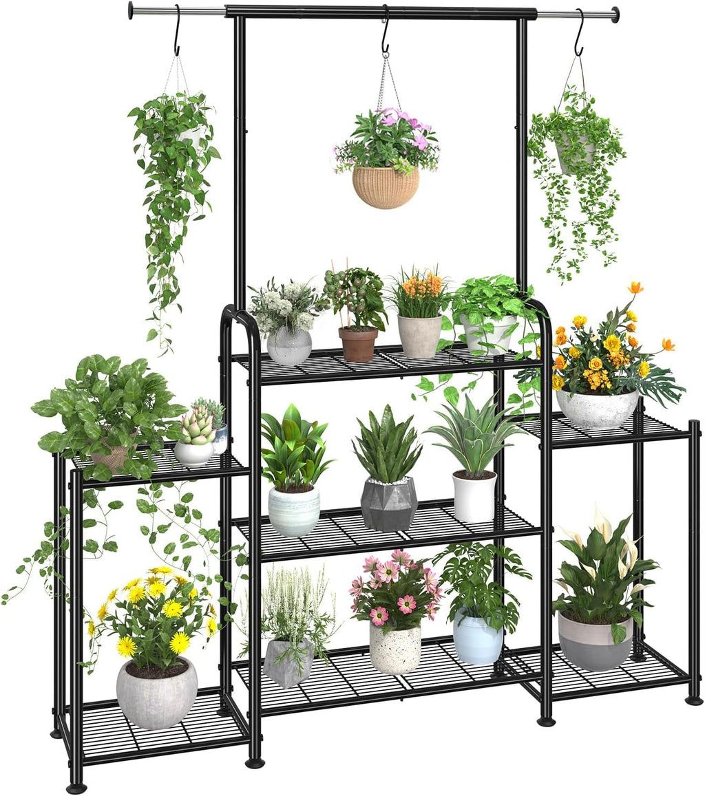 Simple Trending Plant Stand Indoor Outdoor, Metal 3 Tier Tall Hanging Plant Shelf for Multiple Flower Planter Large Heavy Duty Ladder Plant Holder for Garden, Black