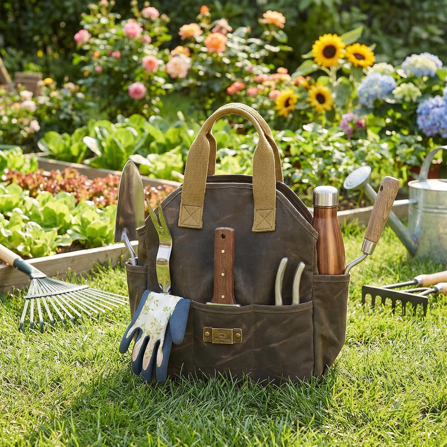 Tourbon Waxed Canvas Garden Tool Bag Gardening Tools Storage Tote with 5 Interior and 6 Exterior Pockets Multi-Functional Organizer for Gardener Florist Workshop