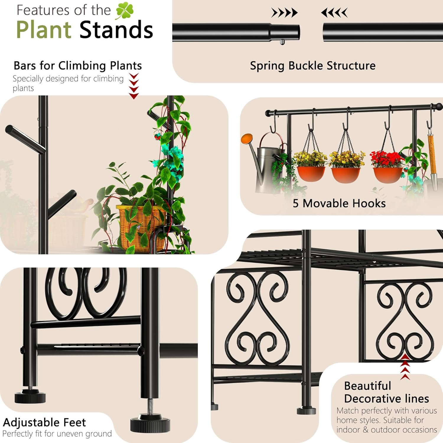 GIOTORENT Plant Stand Indoor, 3-Tier Heavy Duty Metal Shelf for Patio & Indoor, Tall Plant Holds 14+ Plants with 5 Hooks, Rust-Proof Plant Holder for Garden, Balcony, Living Room, Black