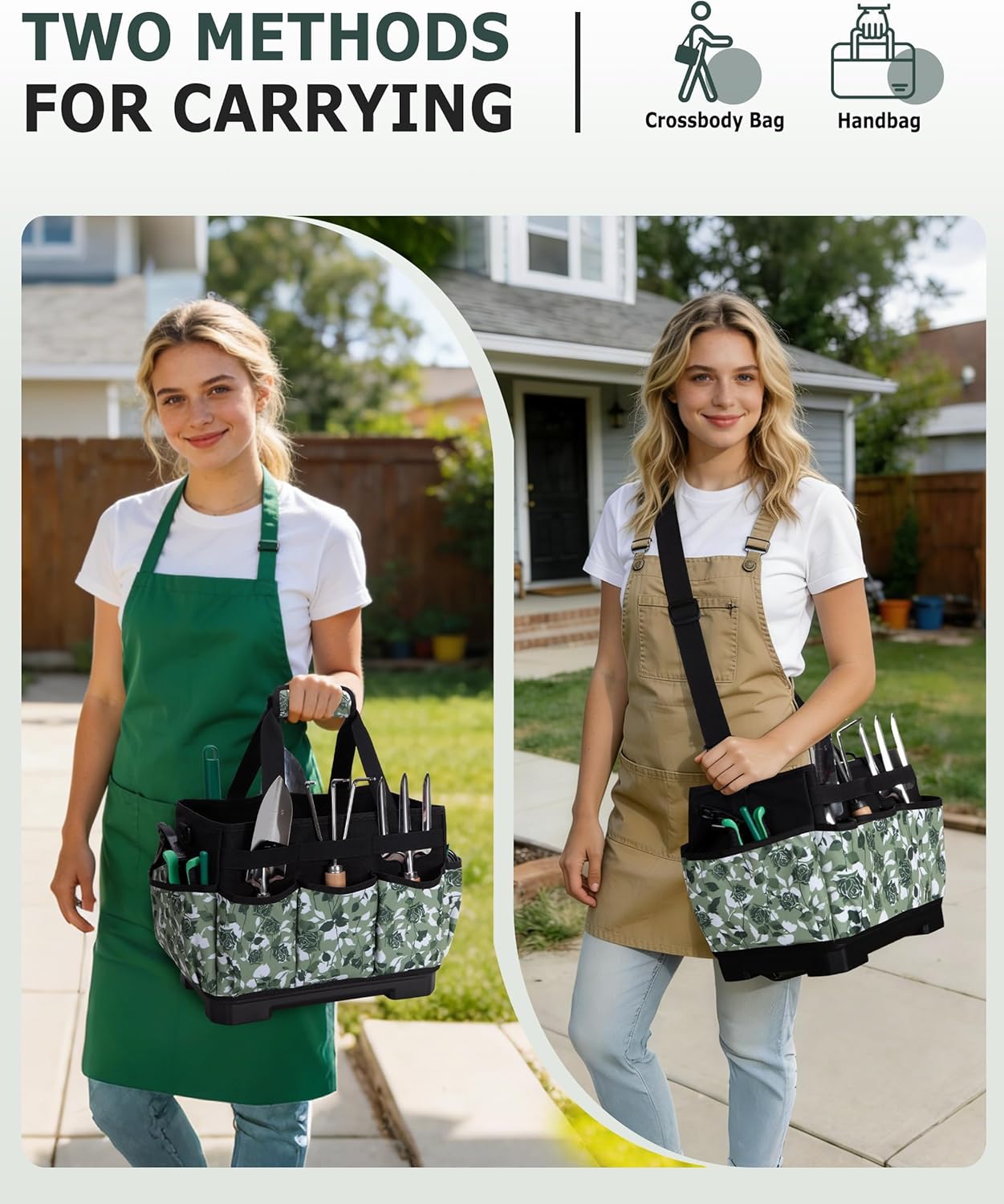 Garden Tool Bag with Hard Bottom, Garden Tote with Shoulder Strap and Multiple Pockets (No Accessories Included), Green Rose