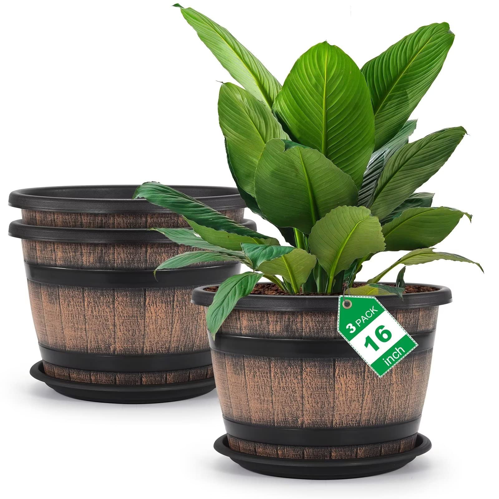 Quarut Large Plastic 4 Pack14 inch Plant Pots,Whiskey Barrel Planters with Drainage Holes & Saucer.Flower Pots Imitation Wine Barrel Design for Indoor & Outdoor Garden Balcony Plants.5 Gallons(Brown)