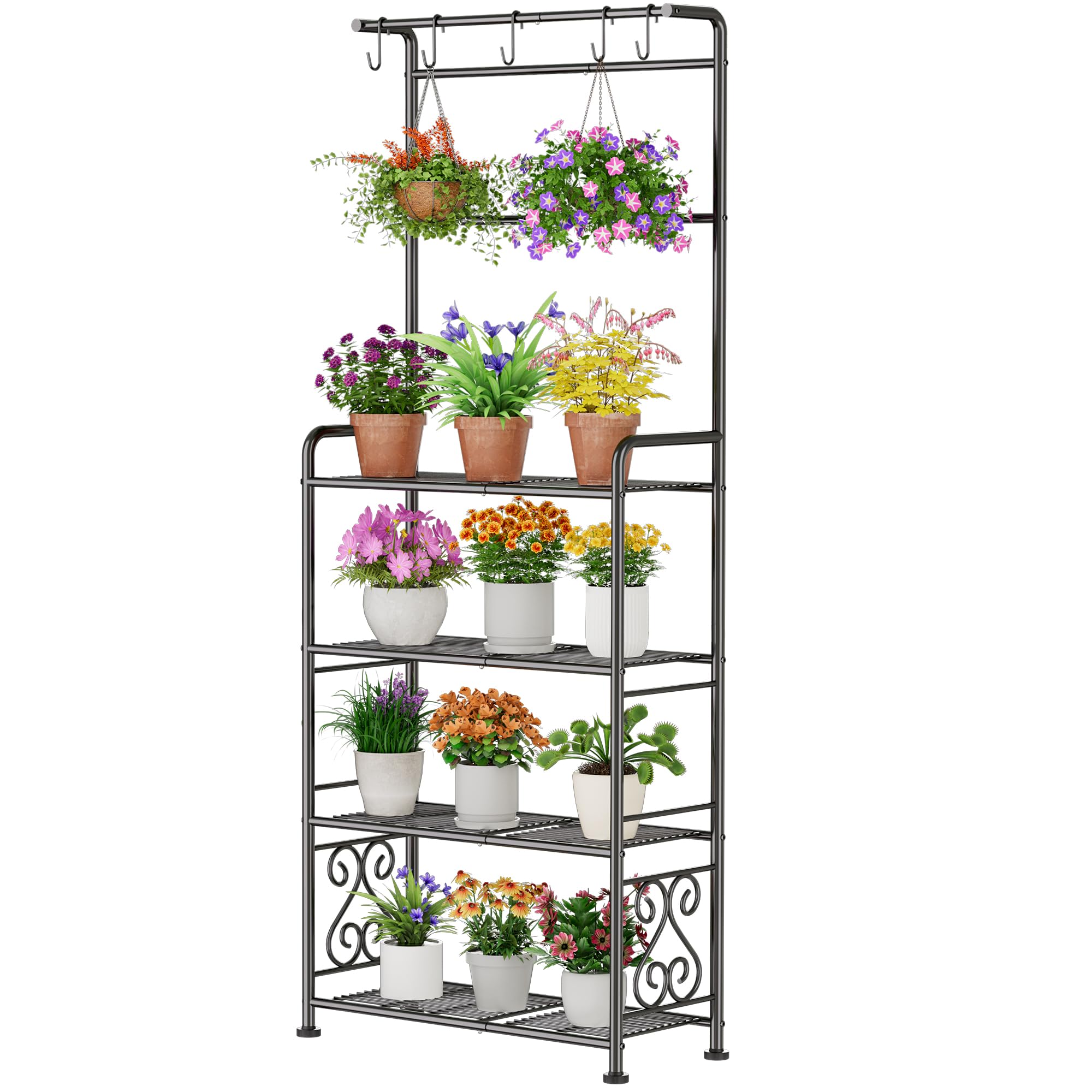 GIOTORENT Plant Stand Indoor, 3-Tier Heavy Duty Metal Shelf for Patio & Indoor, Tall Plant Holds 14+ Plants with 5 Hooks, Rust-Proof Plant Holder for Garden, Balcony, Living Room, Black