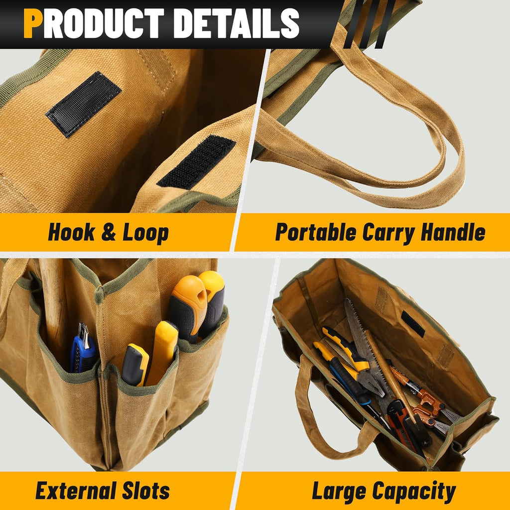 16OZ Waxed Canvas Tool Tote Bag | Large-Capacity Tool Storage Tote with 10 External Pockets | Multi-Purpose Garden Tool Carrier for Gardening, Wrench, and Carpentry Tools – Khaki