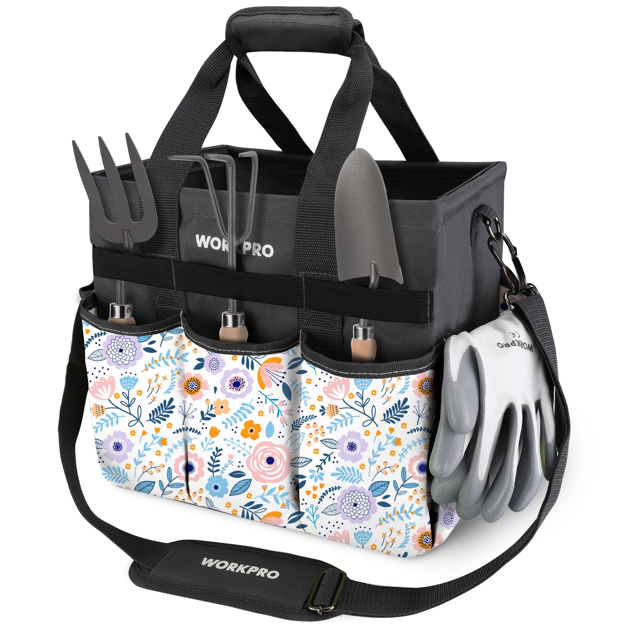 WORKPRO Garden Tool Bag Organizer, Heavy Duty Gardening Tote Bag with 10 Pockets and Long Adjustable Shoulder Strap, Standable Garden Home Tool Kits Organizer, Green (Tools are not included)