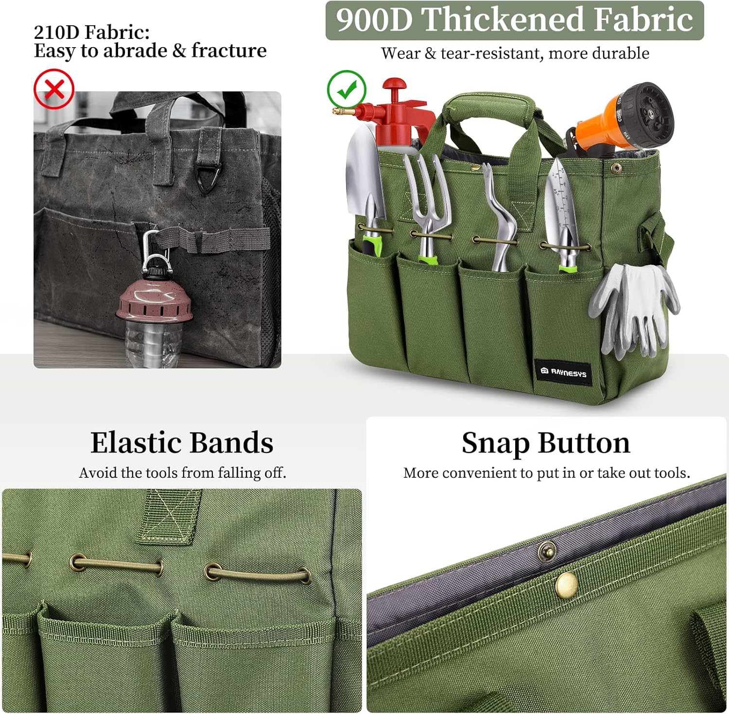 Garden Tote Bag, Gardening Tool Bag Organizer with Pockets & Handle, 900D Heavy Duty Garden Storage Bag with Long Adjustable Shoulder Strap for Tools, Green