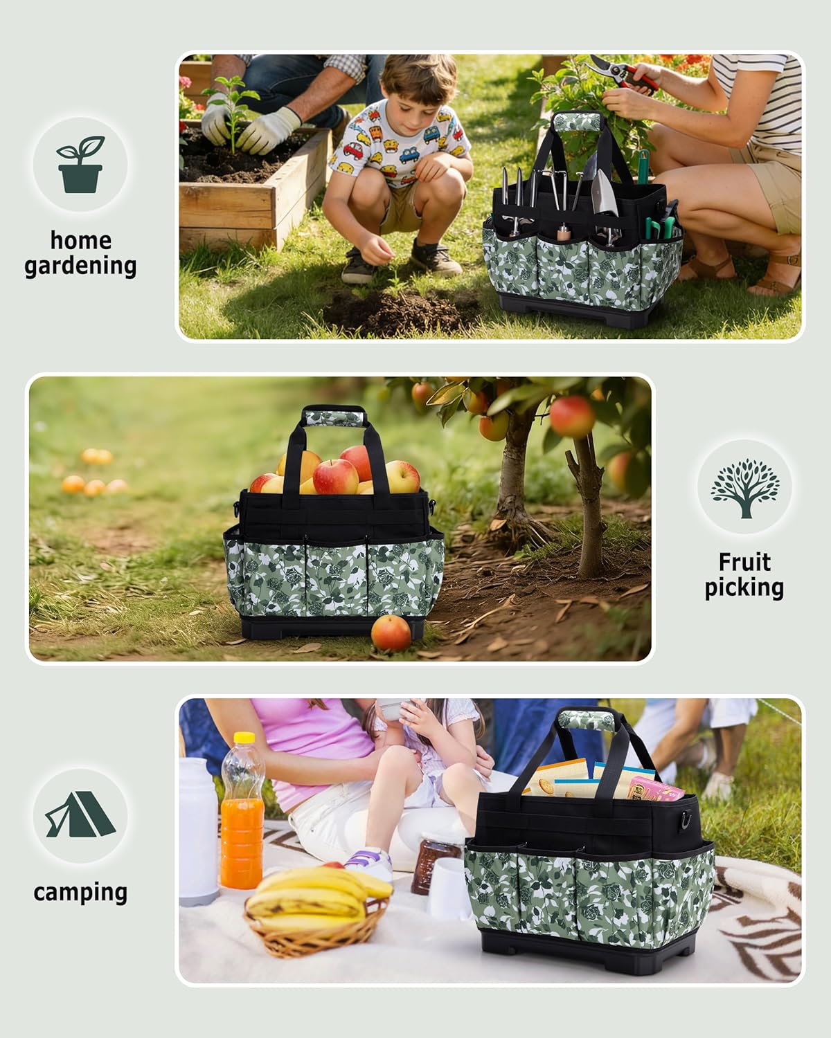 Garden Tool Bag with Hard Bottom, Garden Tote with Shoulder Strap and Multiple Pockets (No Accessories Included), Green Rose