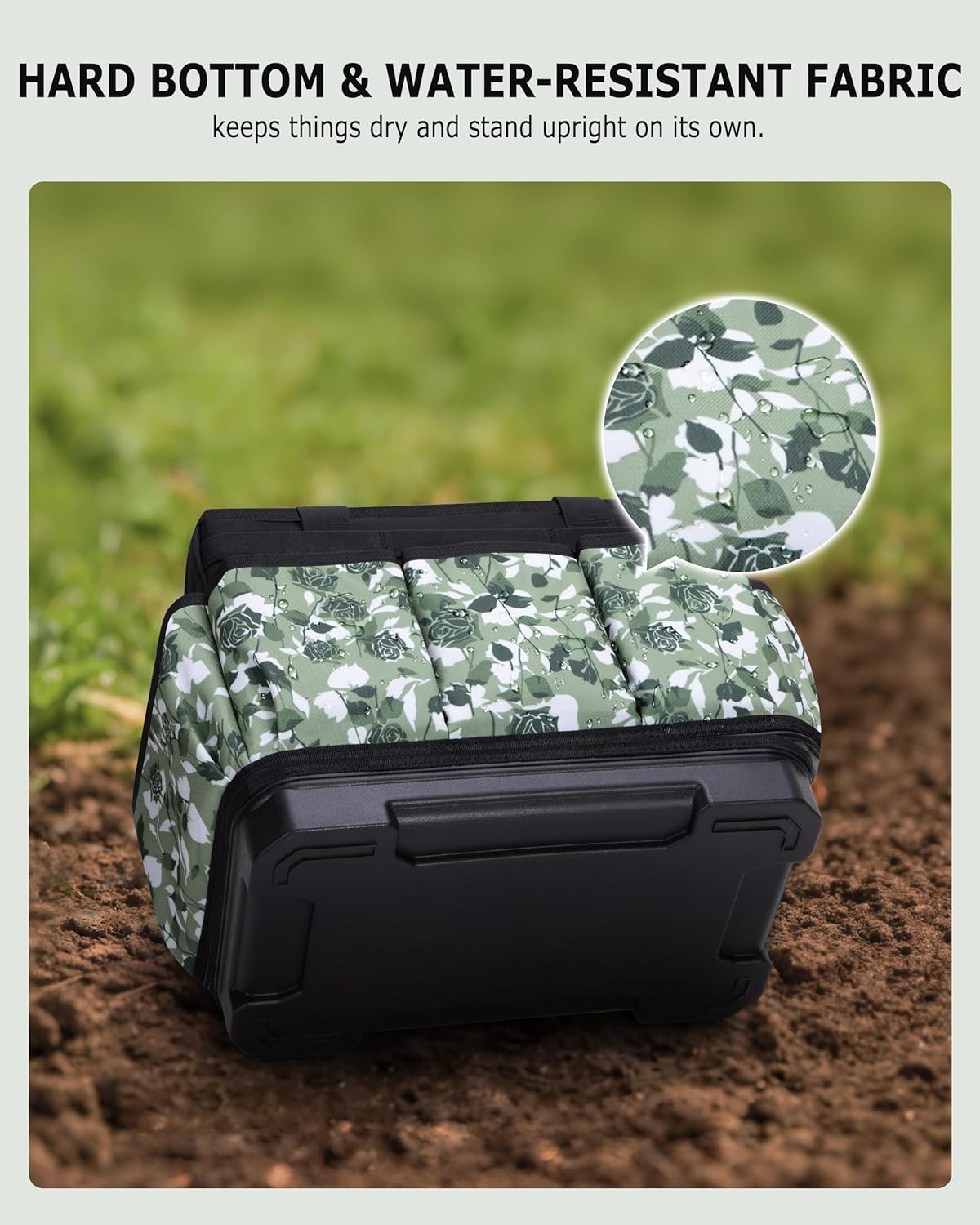 Garden Tool Bag with Hard Bottom, Garden Tote with Shoulder Strap and Multiple Pockets (No Accessories Included), Green Rose